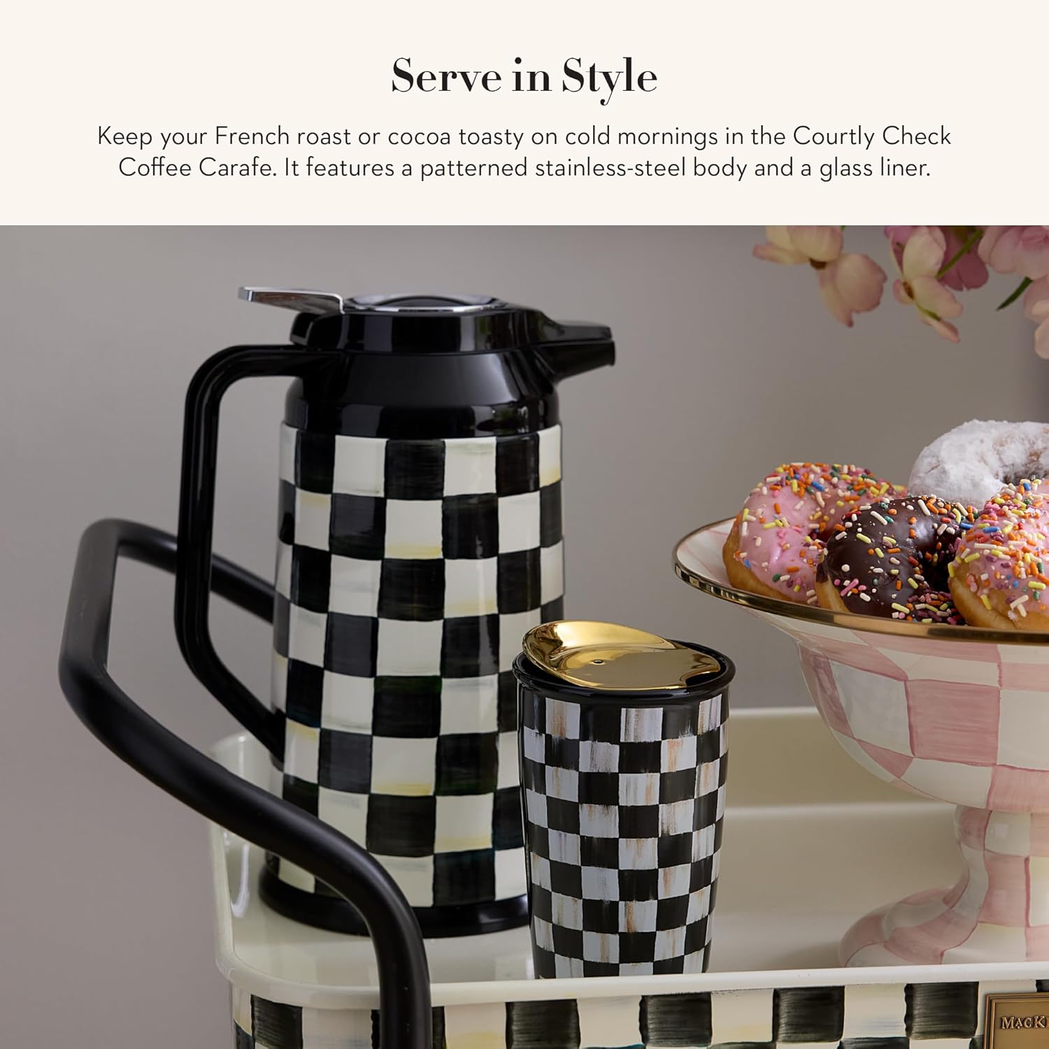 MACKENZIE-CHILDS Coffee Carafe, Stainless-Steel Coffee Carafe for Hot Liquids, 5.5-Cup Capacity, Black-and-White Courtly Check