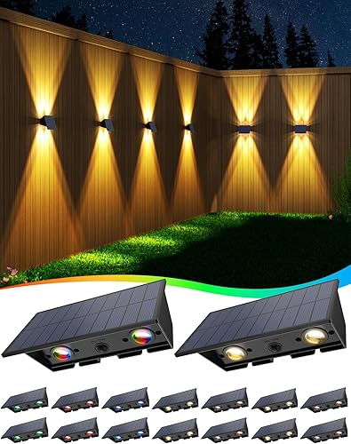 Miniatura 11 de Luces solares para valla, paquete de 6 luces solares para exteriores, color blanco cálido + RGB arriba y abajo, impermeables, 100 lúmenes, del