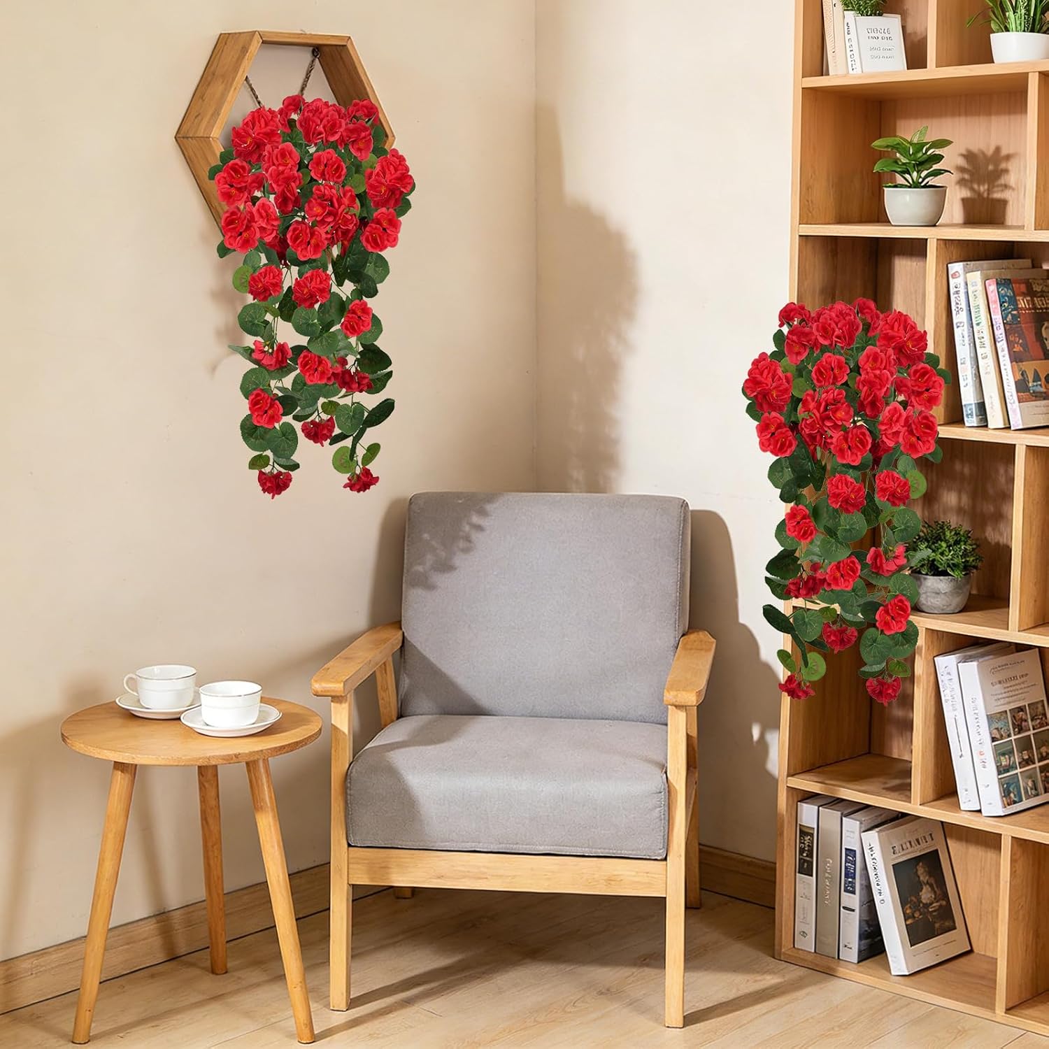 Zythrem 4 PCS Faux Geraniums for Outdoor Planters Artificial Hanging Flowers Spring Plants Decor Red UV Resistant Fake Hanging Flowers for Outdoor Porch Balcony Patio Yard Garden