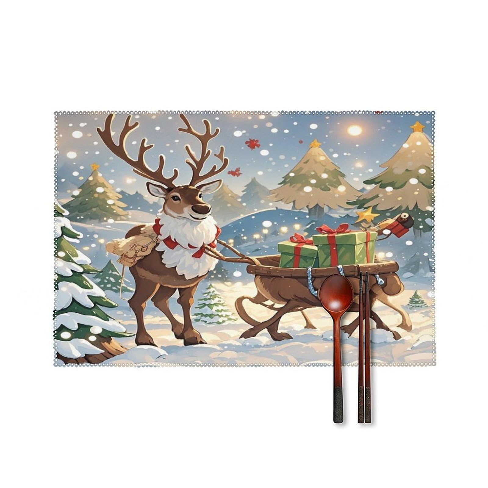 Reindeer Delivering Placemats Set of 6 Heat-Resistant Washable Place Mats Wipeable Kitchen Placemat Easy to Clean for Indoor Outdoor Party Kitchen Decoration