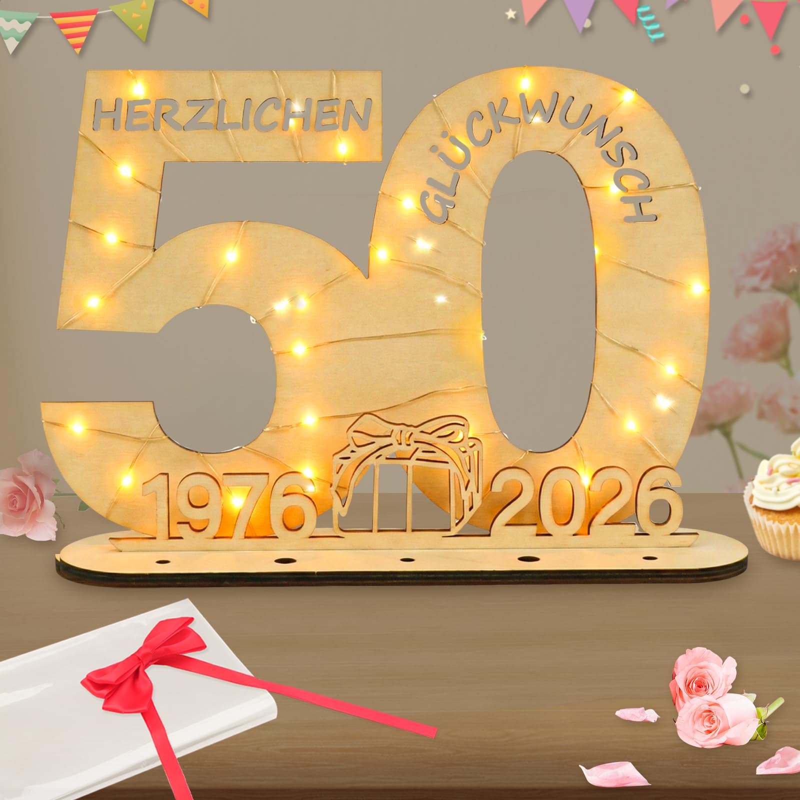 Seutgjie Originelle Geschenk 50 Geburtstag Frau Mann 1976-2026, Goldene Hochzeit 50, Geldgeschenke Geburtstag 50 mit LED Lichterkette Geschenkpapier, Holz Schild 50 Geburtstag Deko Tischdeko Gästebuch