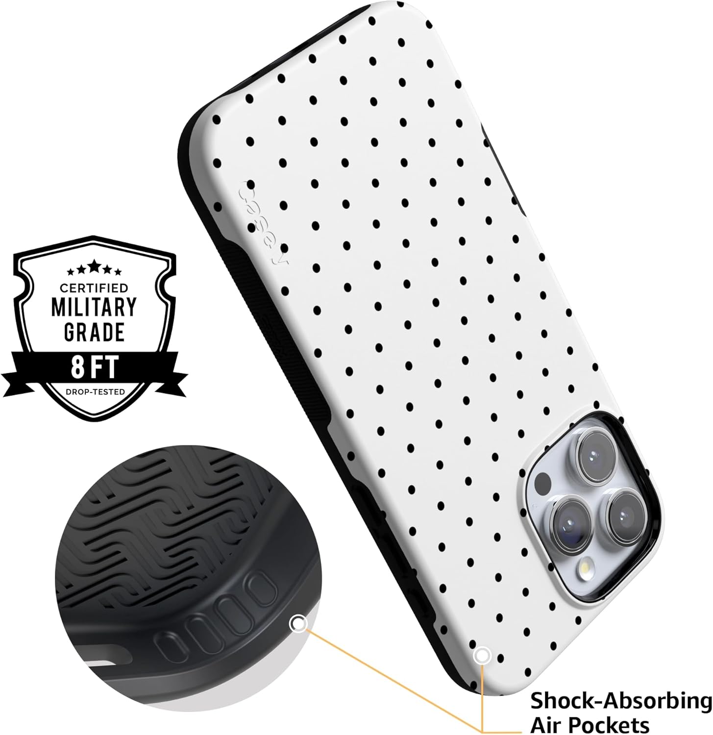 Casely iPhone 16 Pro Case | On the Dot | White Polka Dot | Bold Protective Design | Compatible with MagSafe