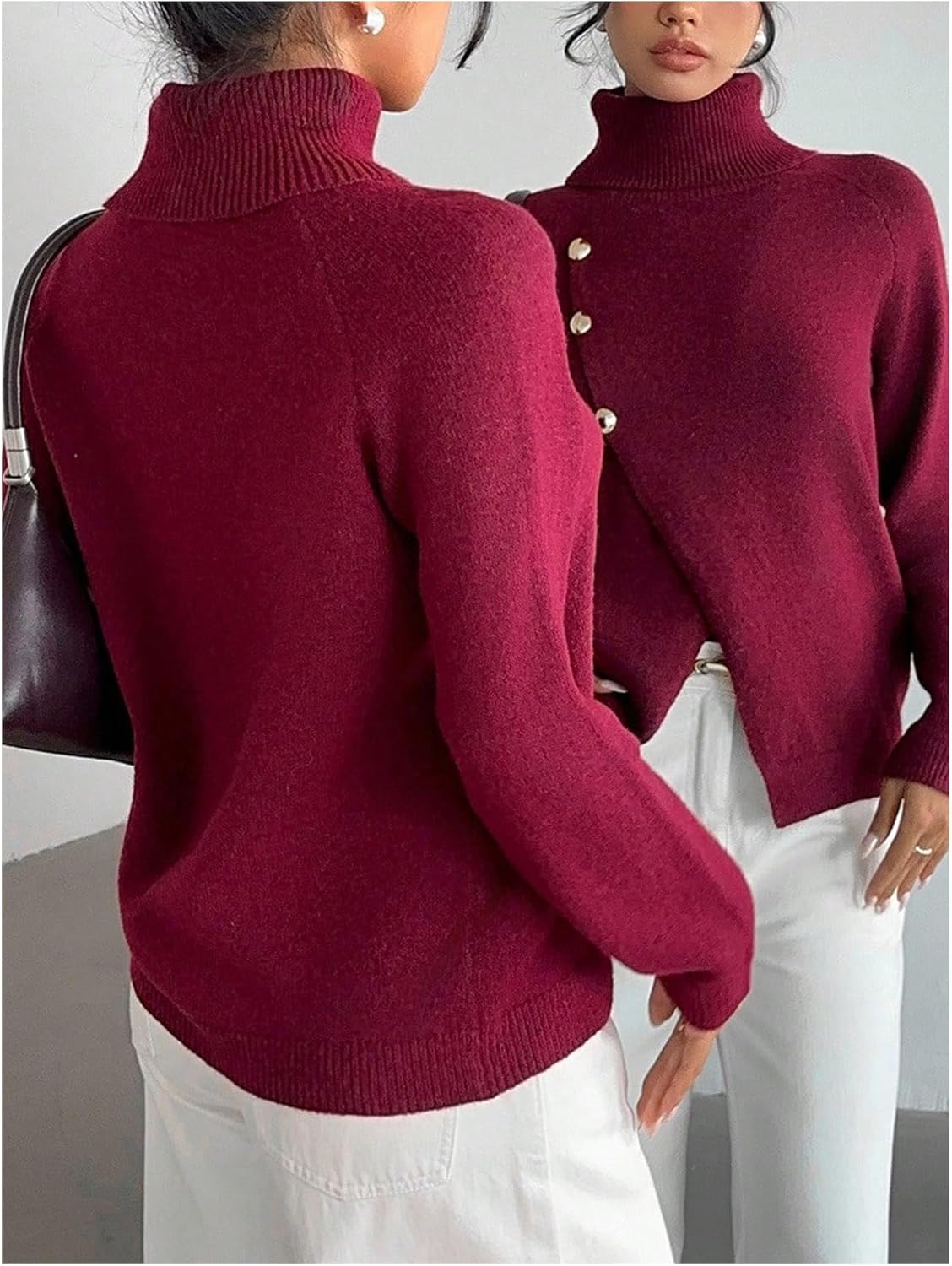 Verdusa Women's Button Wrap Top Turtleneck Sweater Old Money Pullover Knit Tops