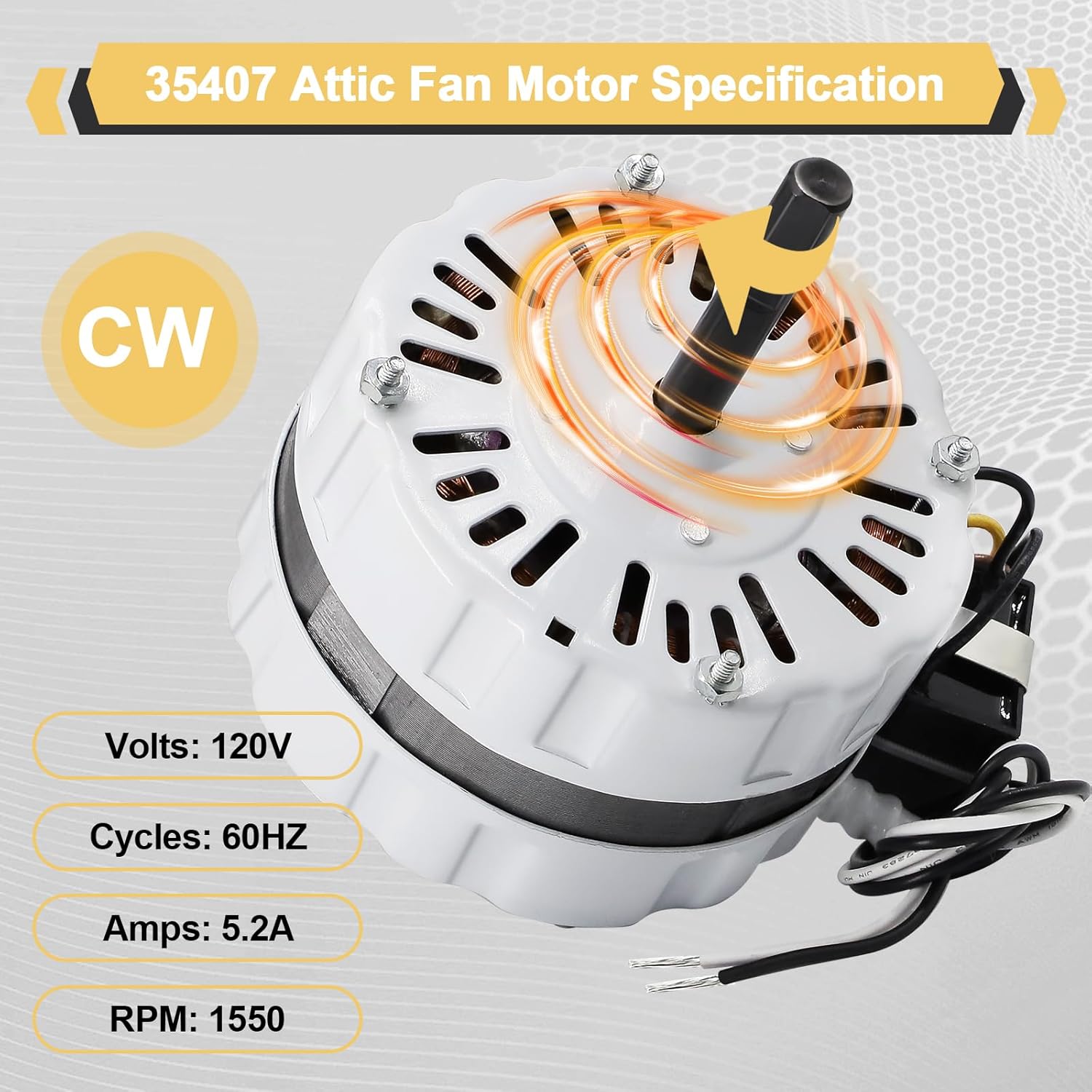 Hiorucet 35407 Vent Attic Fan Motor for F0812B3146, F0816B4732, 4310655, 3C246A, 4CH65, Attic Fan Motor CW Rotation, 120V, 1550RPM