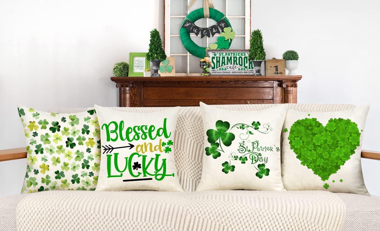 4TH Emotion Spring St. Patrick's Day Throw Pillow Covers Farmhouse Cushion Case for Sofa Couch 18 x 18 Inches Polyester Linen Set of 4