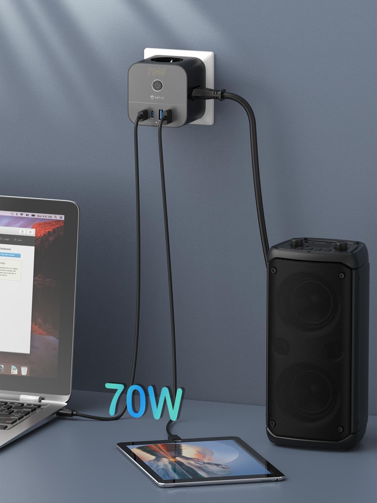 VEFVE Steckdosenwürfel ohne Kabel mit 70W USB C Ladegerät Mehrfachsteckdose | Kabelloser 7 in 1 Mehrfachstecker mit 70W Power Delivery. Bietet 3 Steckdosen und 4 USB Ports. Schalter, Kindersicherung