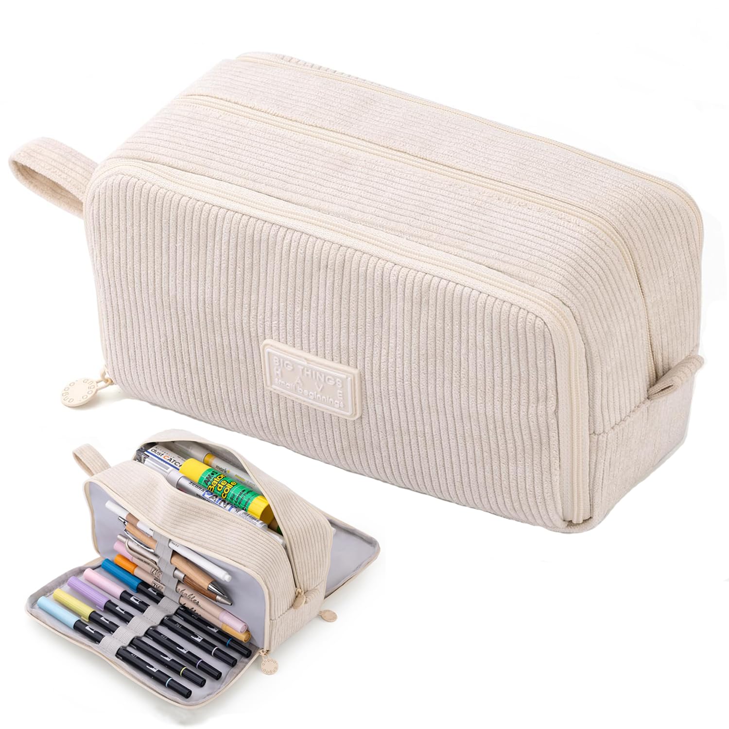 VICDUEKG Federmäppchen aus Cord-Stoff Federtaschen Mäppchen mit 3 Fächer Schulmäppchen Große Kapazität Stiftetasche Pencil Case für Schule & Büro (Beige)
