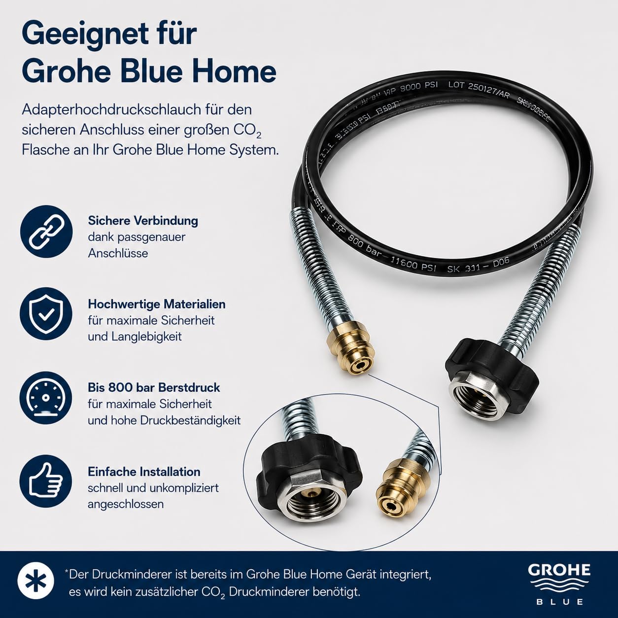 Neues Wasser Group Wąż wysokociśnieniowy Premium CO2 do Grohe Blue Home & SodaStream Crystal | kompatybilny z dużymi butelkami CO2 wielokrotnego użytku 2 kg | oszczędza do 80% kosztów CO2 |