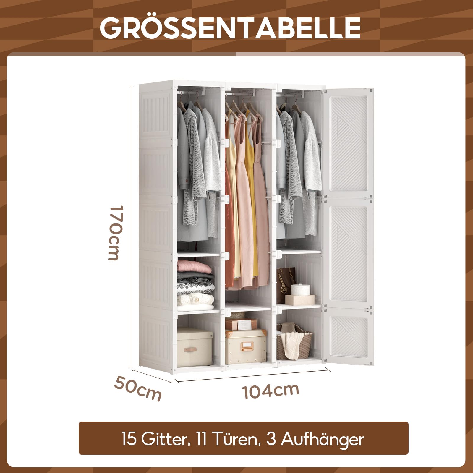 Zusammenklappbarer Kleiderschrank,104x170x50cm, schnelle Montage, vielseitiger Schrank mit Kleiderstange und Magnettüren, Perfekt für Schlafzimmer und Wohnzimmer,5 Staufächer-3 Kleiderbügel