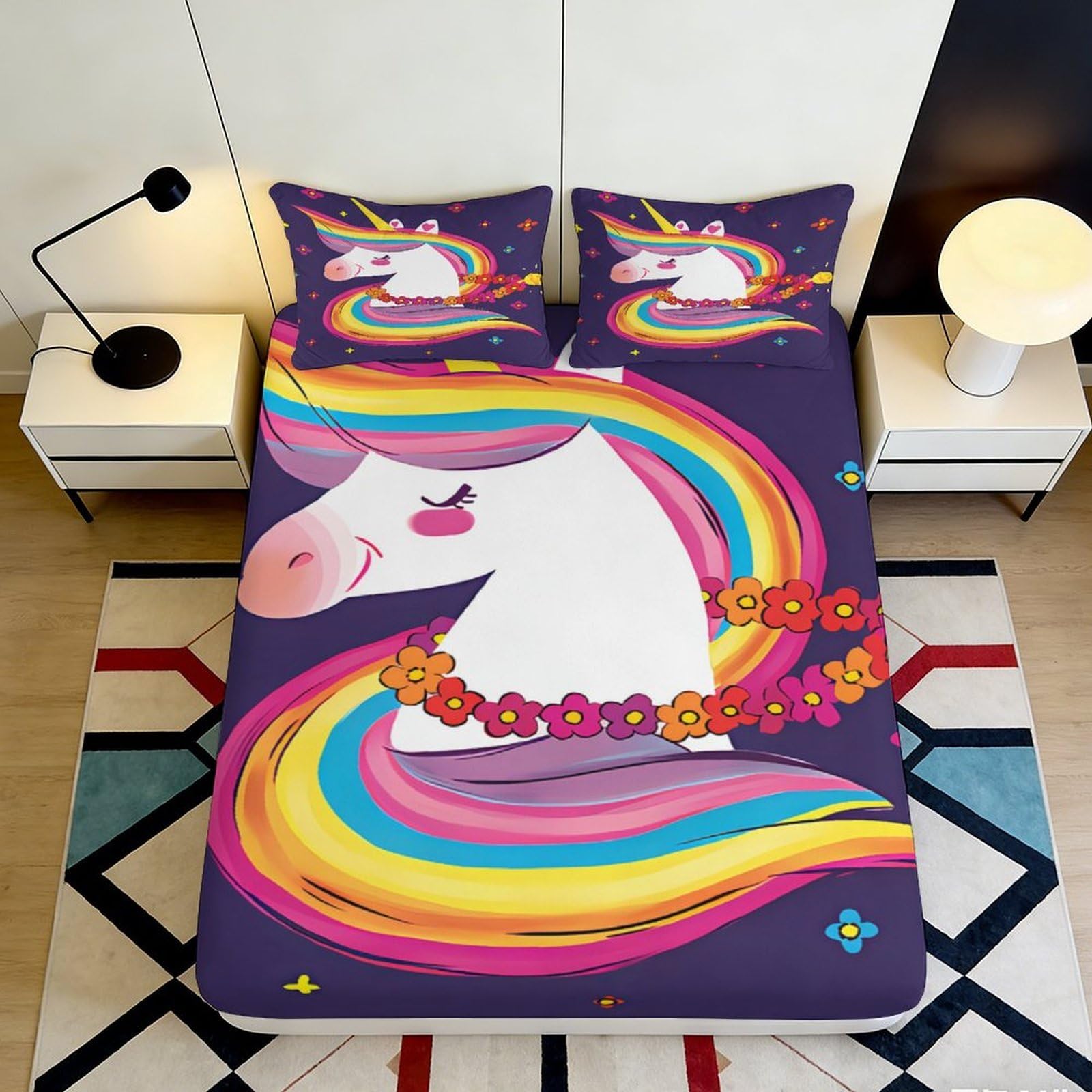 3D Printed Rainbow Unicorn Fitted Sheet Microfiber Soft Anti-Slip Bed Cover for Bedroom Guest Room Dorm Decor 90x200x25cm