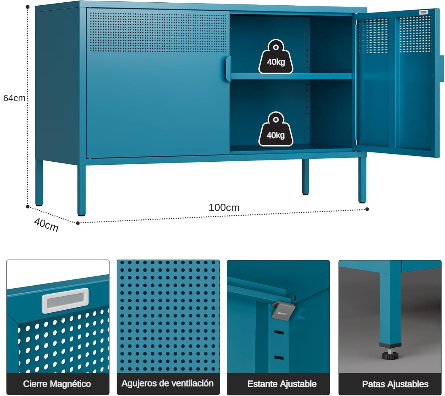 Armario Metalico,Aparador de Metal Estantes con Puertas,Marco de Acero,Armario de Almacenamiento para Oficina en Cocina,Salón,Comedor,Entrada,40 x 100 x 64AL cm,Azul