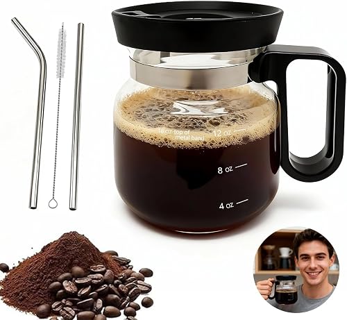 16 Oz Glass Coffee Pot Mug, Heat Resistant Clear Cup with Handle & Spill-proof Lid, Large Capacity Ultra Portable Travel Office Mug, Comes with Straw & Cleaning Brush, Ideal Gift for Coffee Lovers