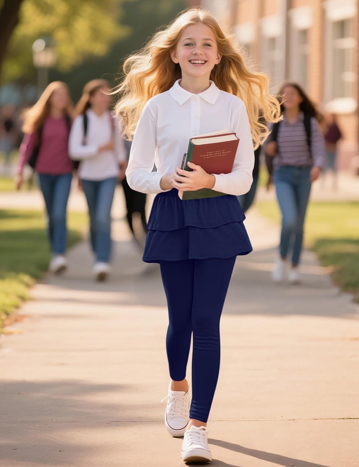 Auranso Girls School Uniform Pants Kids Clothes Ruffle Tutu Leggings with Skirt 2-14 Years - Image 3