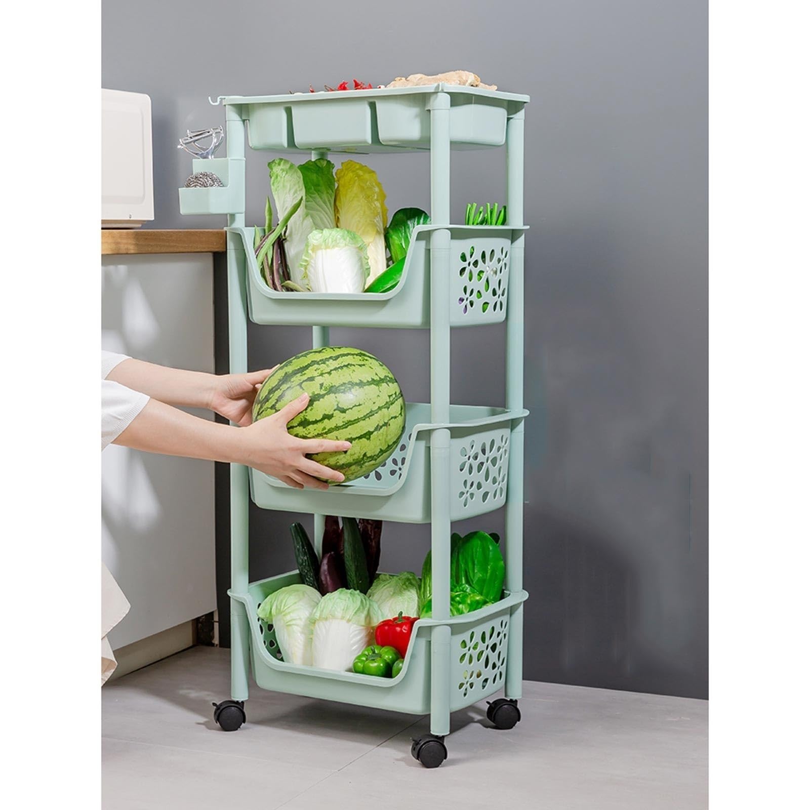 Armadietto Dispensa Scaffale da cucina a 4 livelli con base su ruote Scaffale da scaffale Scaffale da cucina multistrato Scaffale da cucina in plastica Organizzatori E Contenitori Per La Cucina