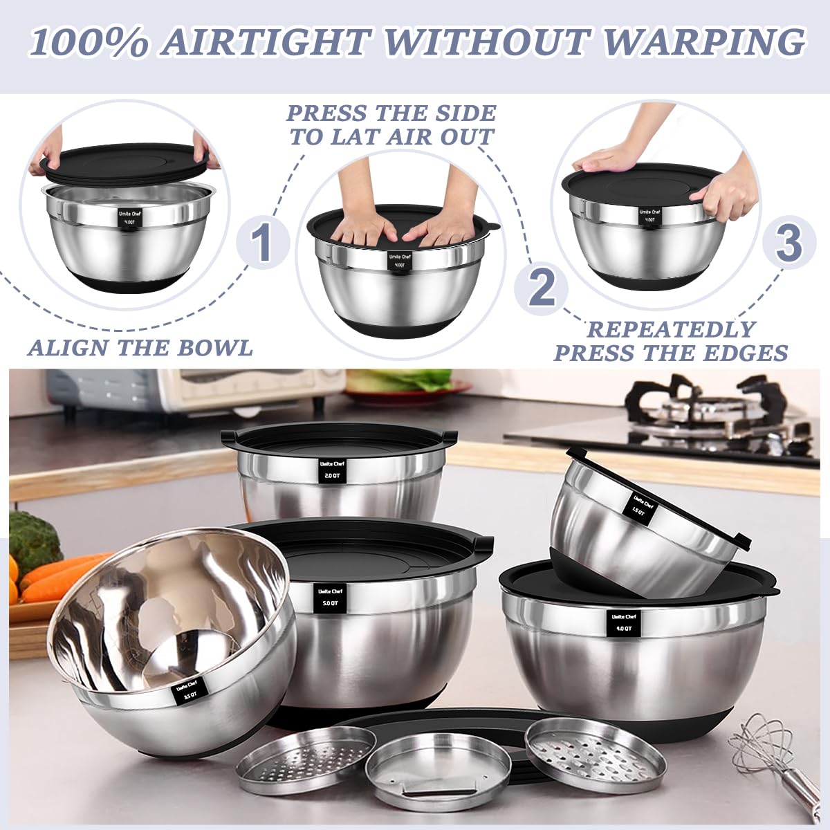 Umite Chef Cuencos para mezclar con tapas herméticas, juego de 8 cuencos de mezcla de acero inoxidable, 3 accesorios de rallador y parte inferior antideslizante, cuencos de cocina negros, tamaño 5, 4,