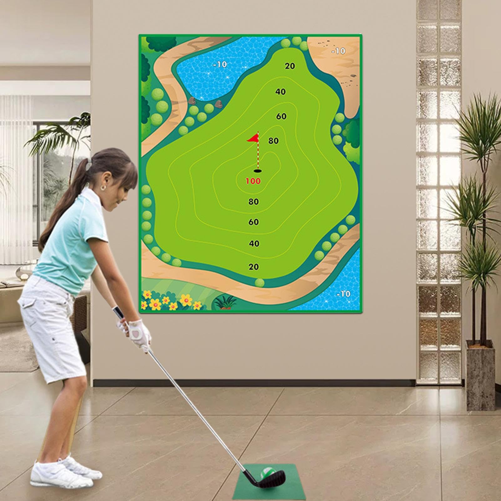 Chipping Game, Kids Sticky Golf Set, 120x150cm Large Play Mat, Reusable Practice Equipment, Putting Green Trainer with Casual Style, Game Set for Beginner Adults Family