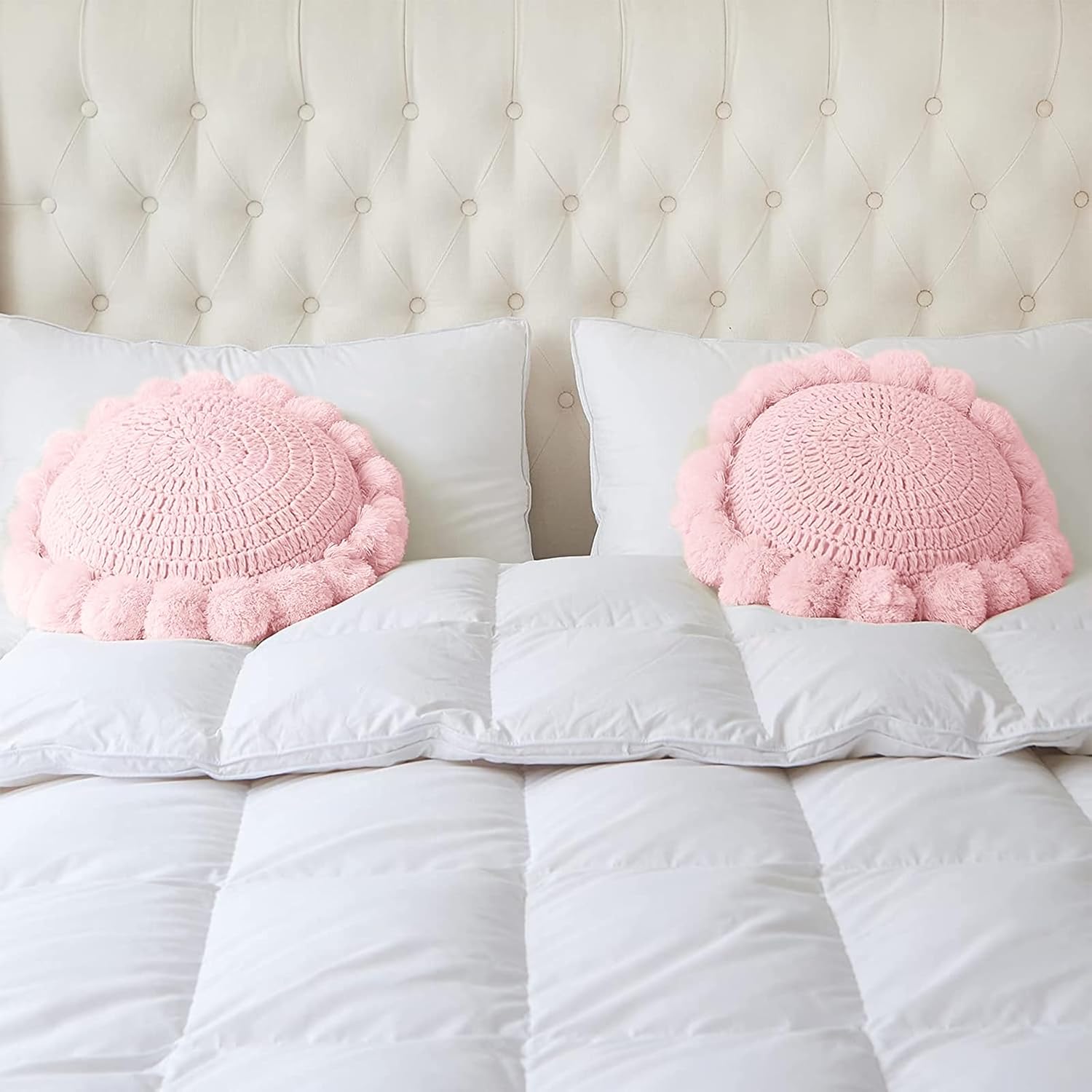 Boho Round Throw Pillow with Cute Handmade Pom Poms Tassels 18 Inch, Decorative Circular Knitted Crochet Cushion for Couch, Sofa, Chair, Bed, Pink