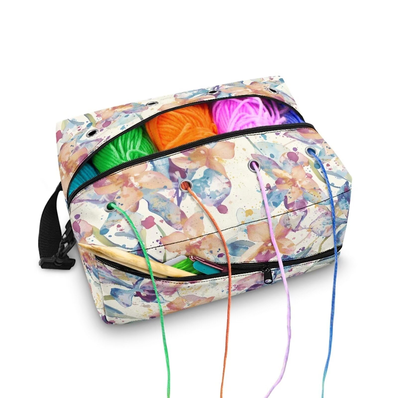 Drnuikhe Watercolor Flower Yarn Bag Crochet Storage Bag with Shoulder Straps, Yarn Bag for Carrying Projects, Kitting Needles, Crochet Hooks and Other Accessories