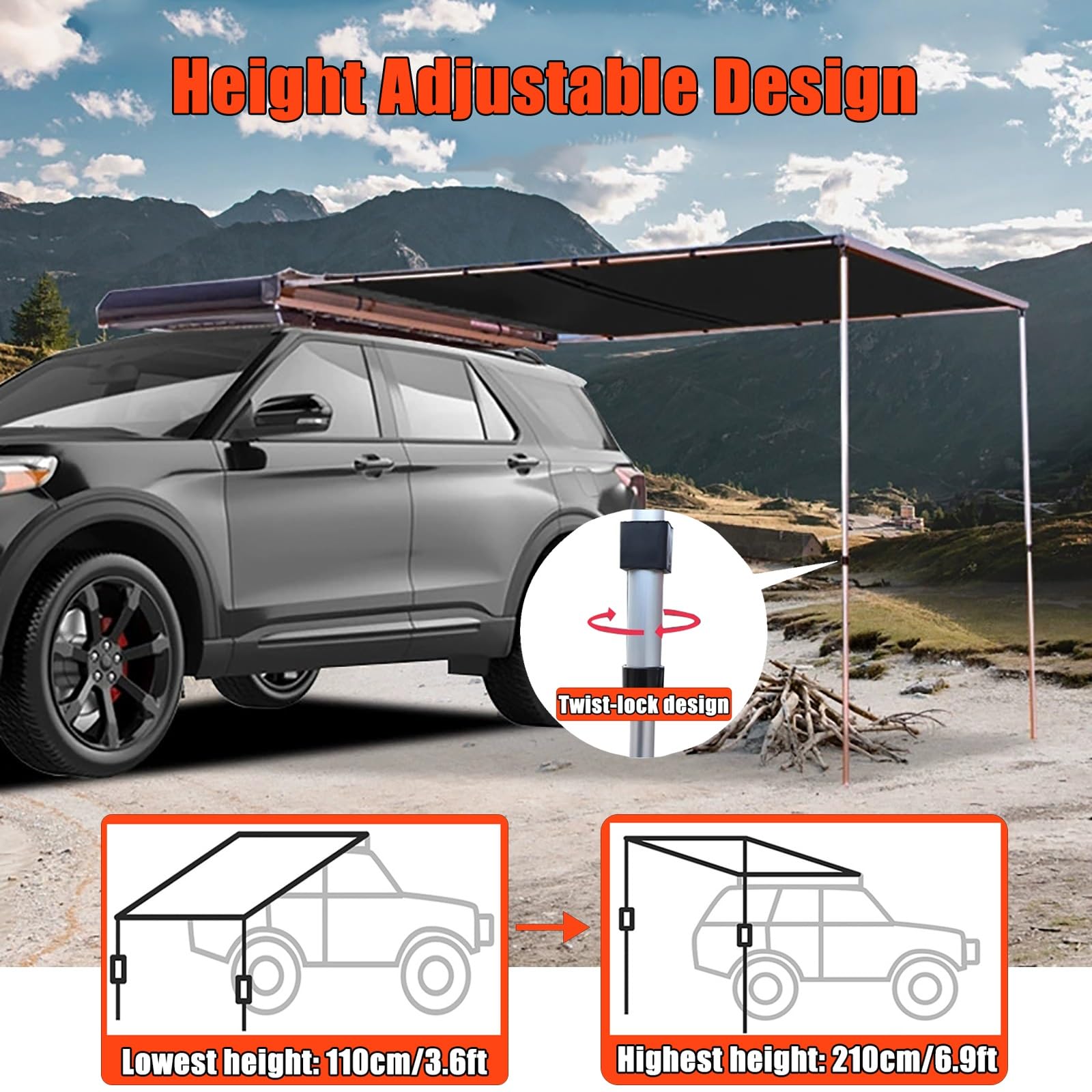 Tenda per Camper, Tendalino Parasole Estraibile da Tetto, Tenda per Furgone Laterale UV50+, PU5000mm, Altezza Regolabile, Tendalino Resistente Alle Intemperie per SUV/camion/furgone(Black,200x200cm/6.
