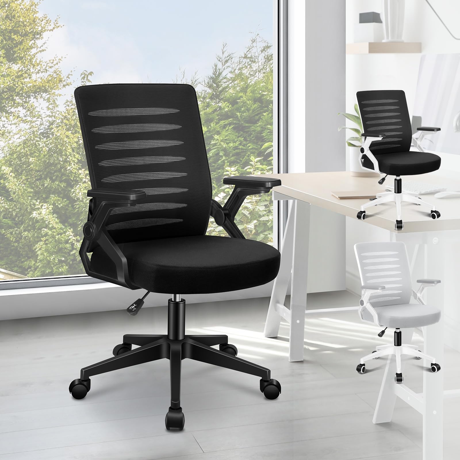 ELFORDSON Mesh Office Chair with 2D Armrests, Mid-back Ergonomic Desk Chairs for Home Office, Height Adjustable Swivel Computer Chair with Padded Seat Cushion, Black — image 1