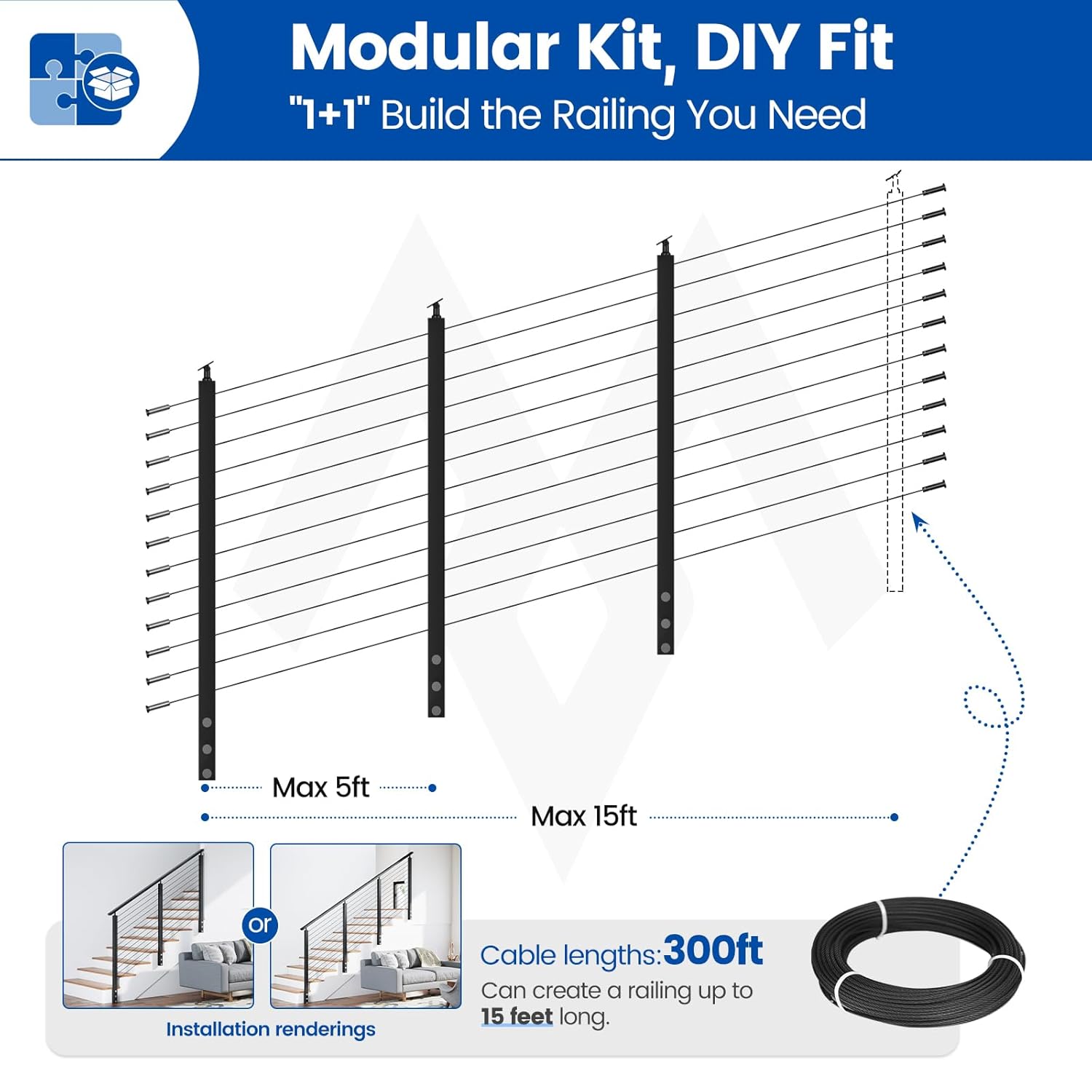 Condition photo showing New/Like New for muzata 10-15ft modular black side mount cable railing kit 42 inch 3 stair post kit complete set cable railing system for stairs length adjustable with paper user guide (no handrail) rwf1 ba4l 10-15ft stair post kit 42"
