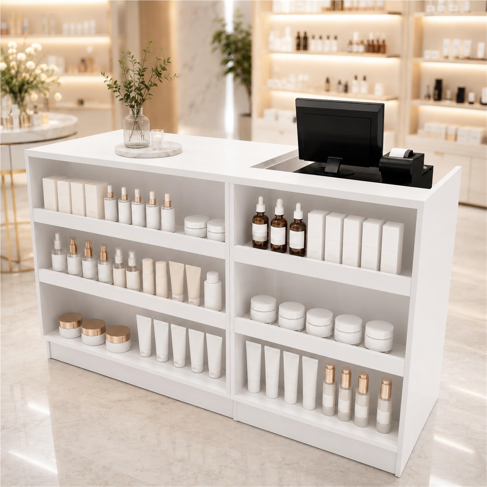 Modulare Empfangstheke Verkaufstheke, Kassentheke mit Regalen, Stauraum & Kabeldurchlässen, Ladentheke für Café, Salon, Geschäft, Kiosk(B+D)