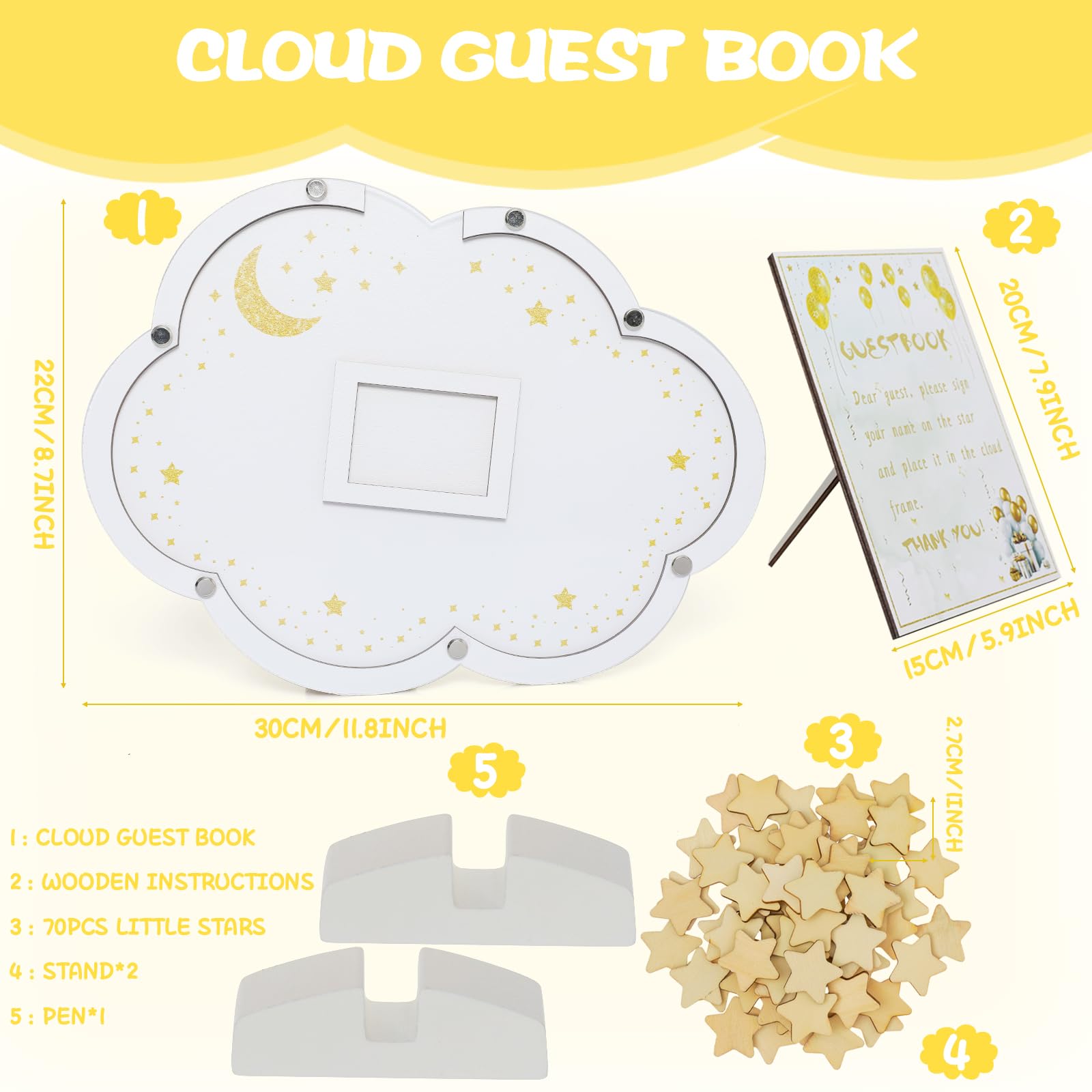xiheer Alternativas de libro de invitados para baby shower, decoraciones de baby shower con 70 estrellas pequeñas, instrucciones de madera y bolígrafo, marco de fotos para alternativas de libro de