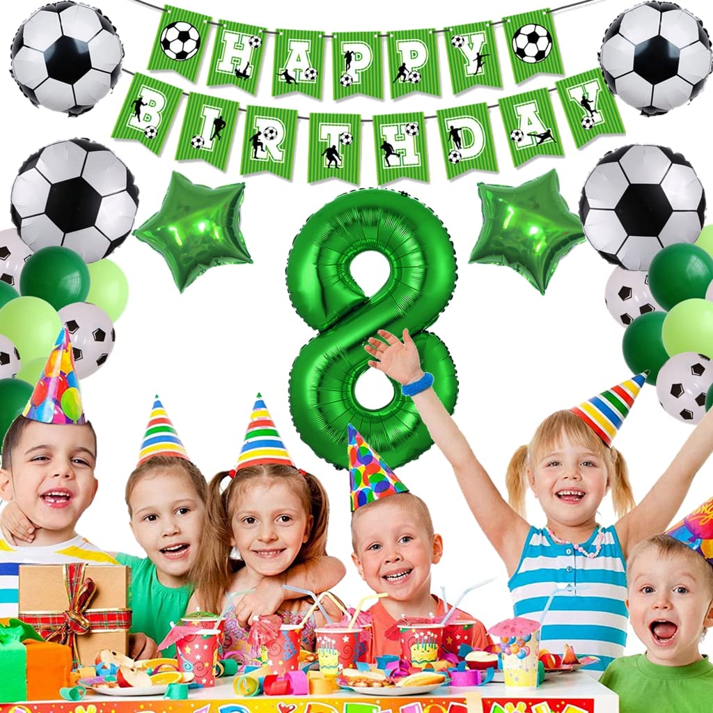 8. Fußball Geburtstag Deko Set | Riesenzahl 8 + Ballons + Banner | Grün | Für Jungen & Mottoparty