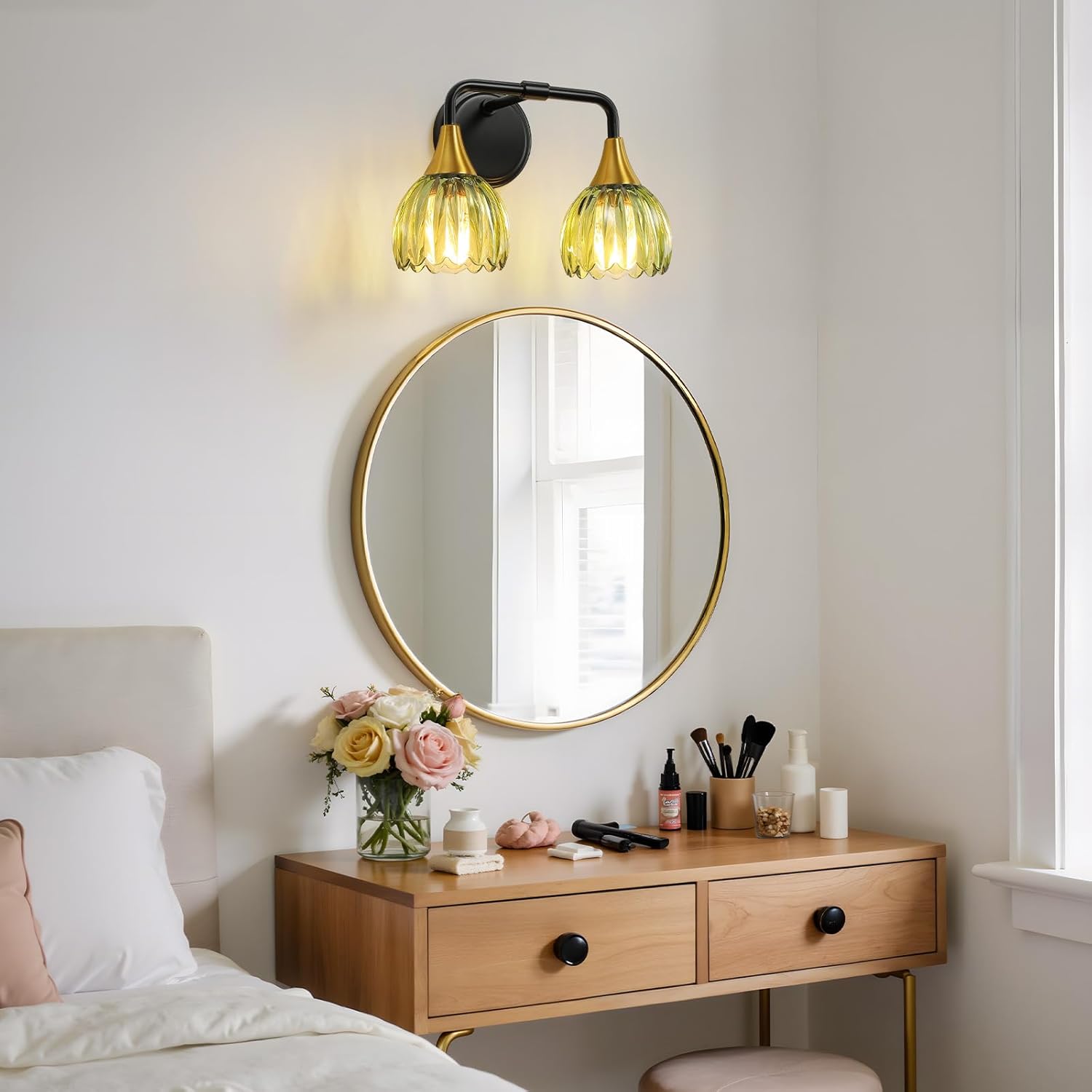Bathroom Vanity Light Fixtures: 2-Lights Vintage Bathroom Lights Over Mirror with Ribbed Green Tulip Glass Shade - 14 inch Black and Gold Wall Sconce Bath Lighting