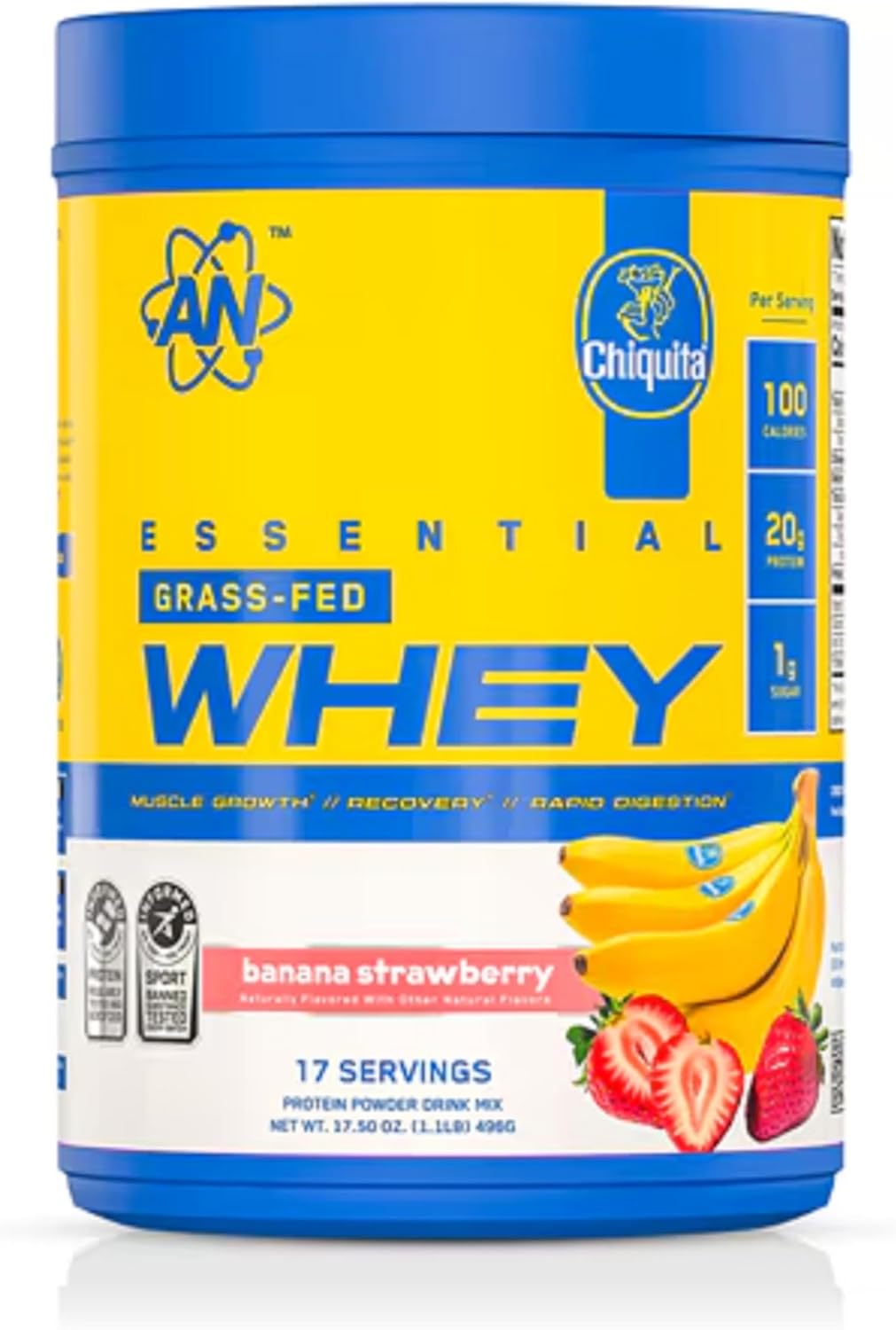 an Supps Essential Grass Fed Whey Protein Powder | 20g Protein, 500mg Potassium, 1g Sugar | Recovery, Muscle Growth, Rapid Digestion | Gluten Free | 17 Servings | Chiquita Banana Strawberry