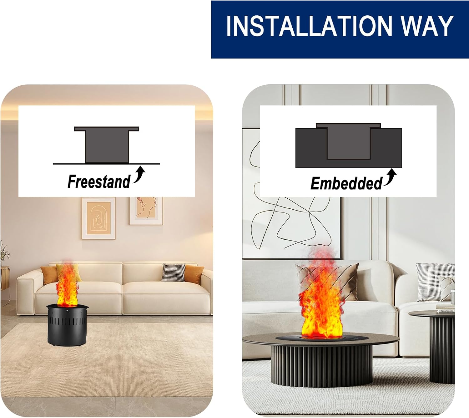 Round 3D Water Vapor Fireplace Electric Ionized Mist Humidifier Realistic Flame Touch/Remote Control Circular LED Steam Atomizing Electric Fire Places(Classic Flame, 15”)