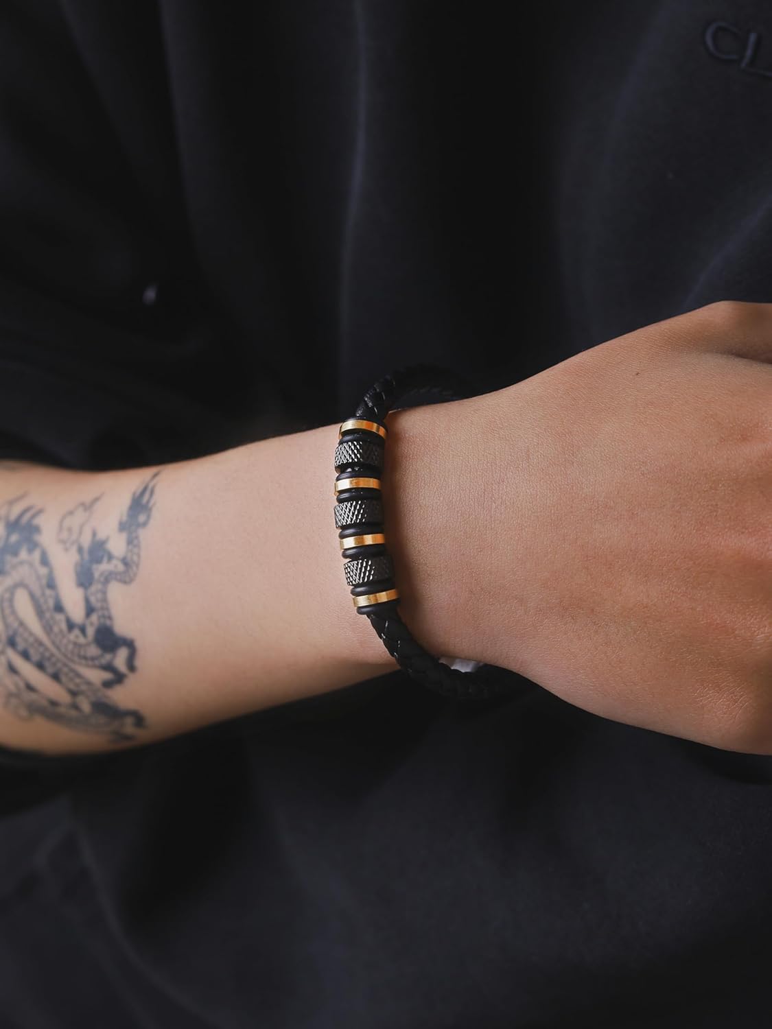 HAQUIL Braided Leather Men’s Black Gold Plated Steel Bracelet with Stainless Steel Charm | Ideal Father's Day Gift for Him - Image 7