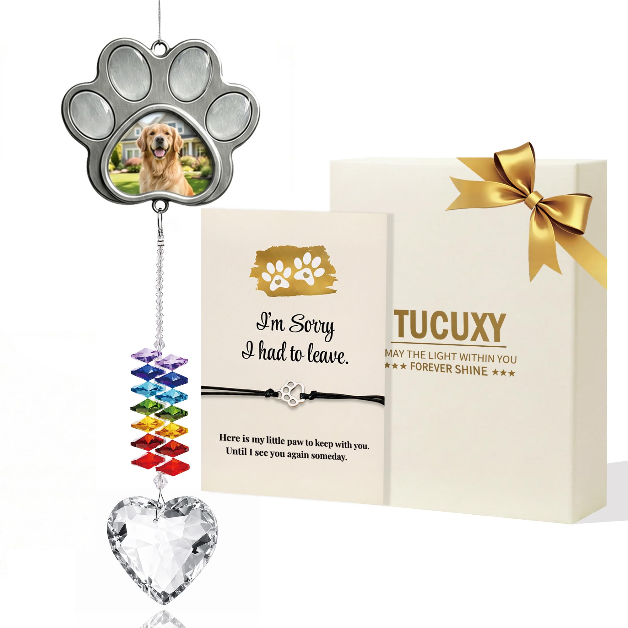 Dog Memorial Gifts for Loss of Dog, Personalized Pet Memorial Suncatcher with Paw Photo Frame, Pet Loss Sympathy Gift, Dog and Cat Remembrance Bereavement Passing Away Keepsake with Memorial Bracelet