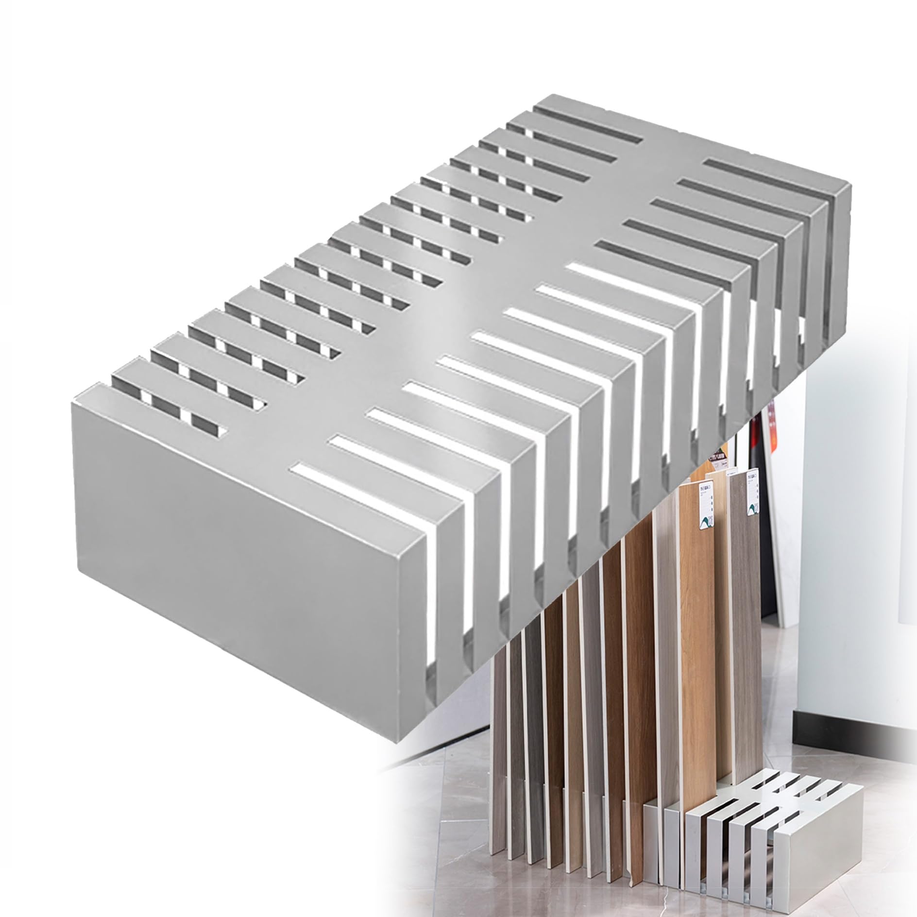 Jkjzsalj Silver Metal Display Stand For Tile Samples - 28 Slot Rack For Porcelain & Ceramic Tiles Wooden Floor Holder Ideal For Retail Counter & Vendor Showrooms,-Card Slot W0.6in(1.6Cm)