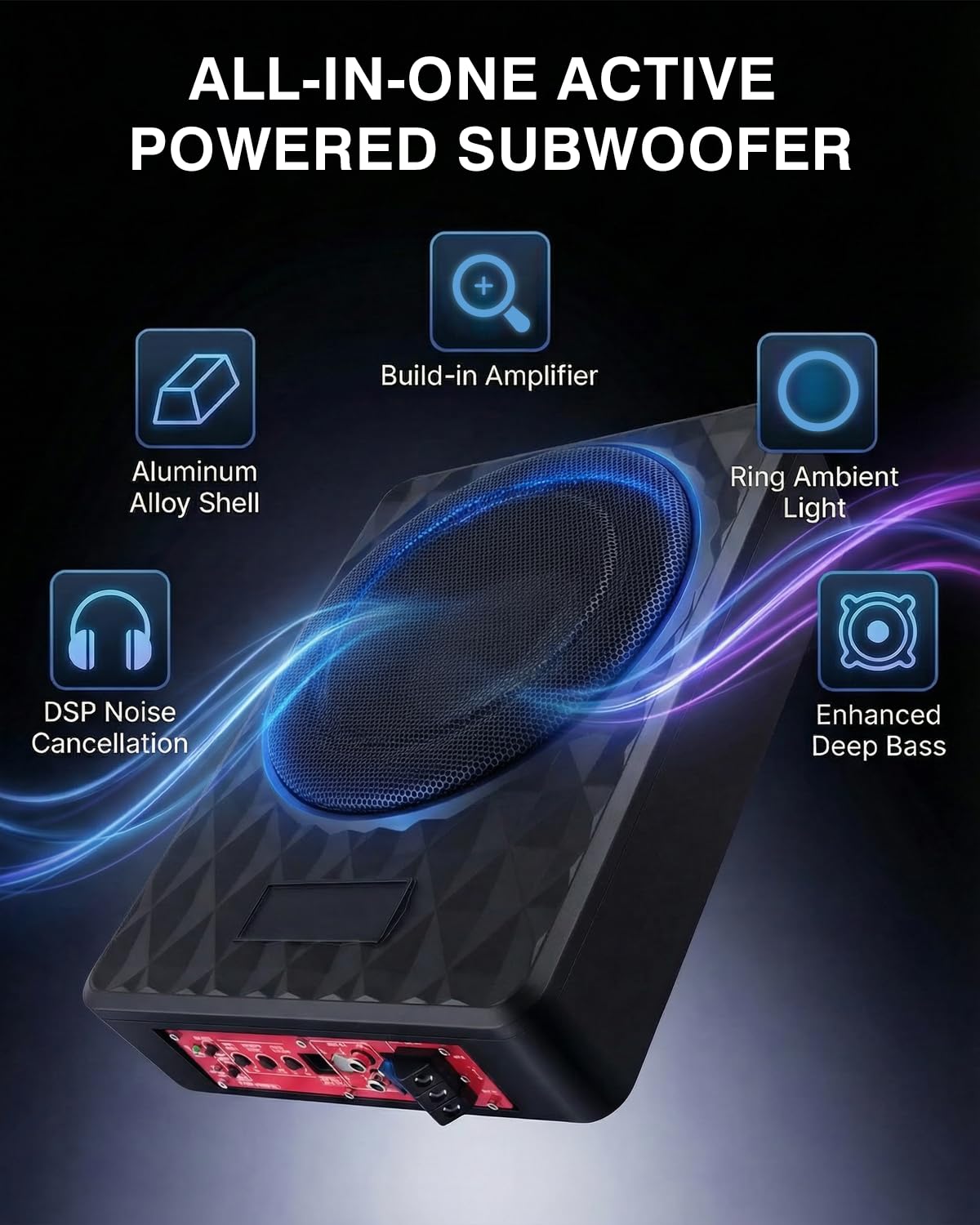 Subwoofer Activo, Apto para Coches y Camiones, Subwoofer Ultraplano para Coche, con Amplificador Integrado, Montable Debajo de los Asientos, Potencia Máxima de 1000 W, Subwoofer Compacto