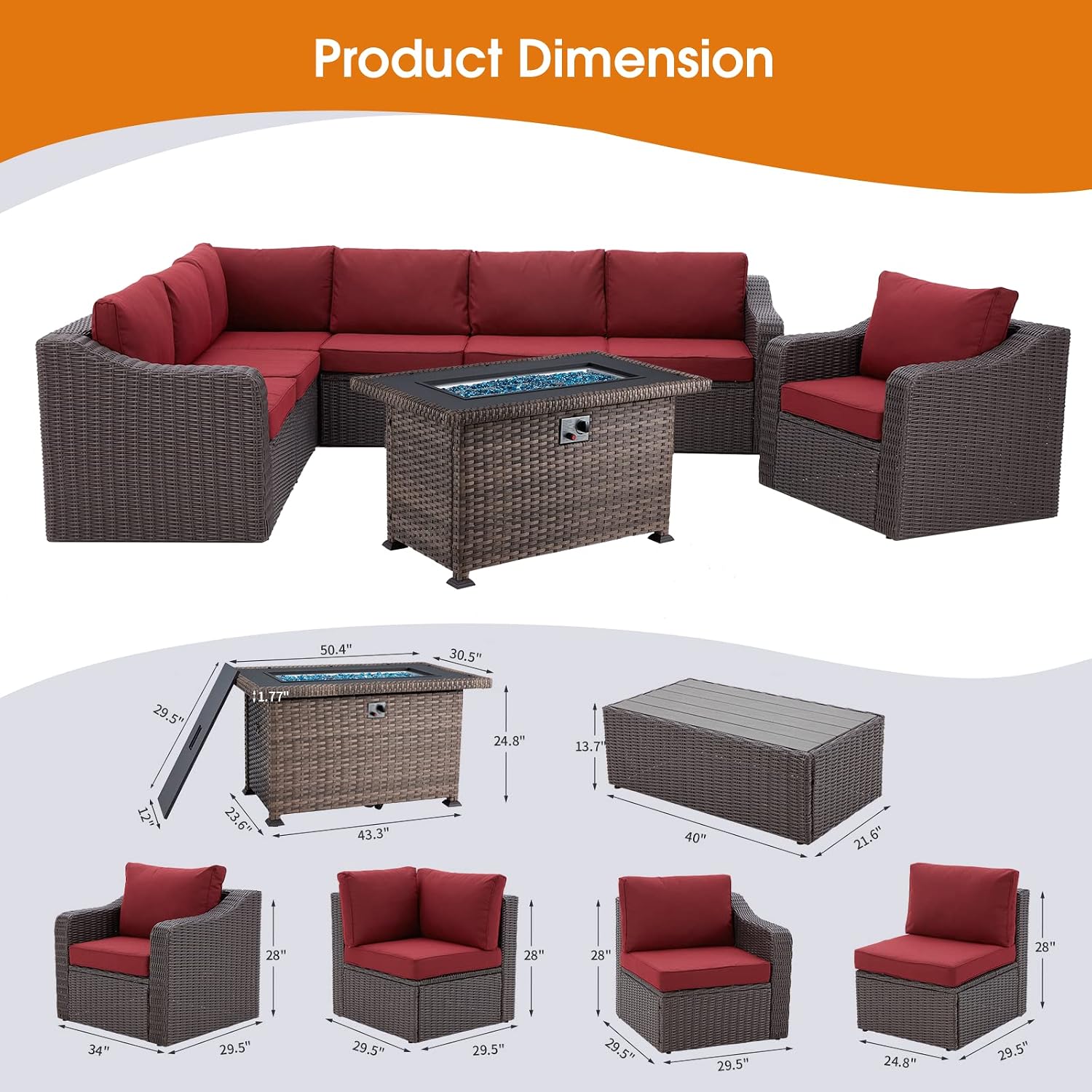 EROMMY 8 Pieces Patio Furniture Set with 44" Propane Fire Pit Table, Outdoor Sectional Sofa Sets with Thick Cushions for Yard, Pool, Backyard, Red Wine