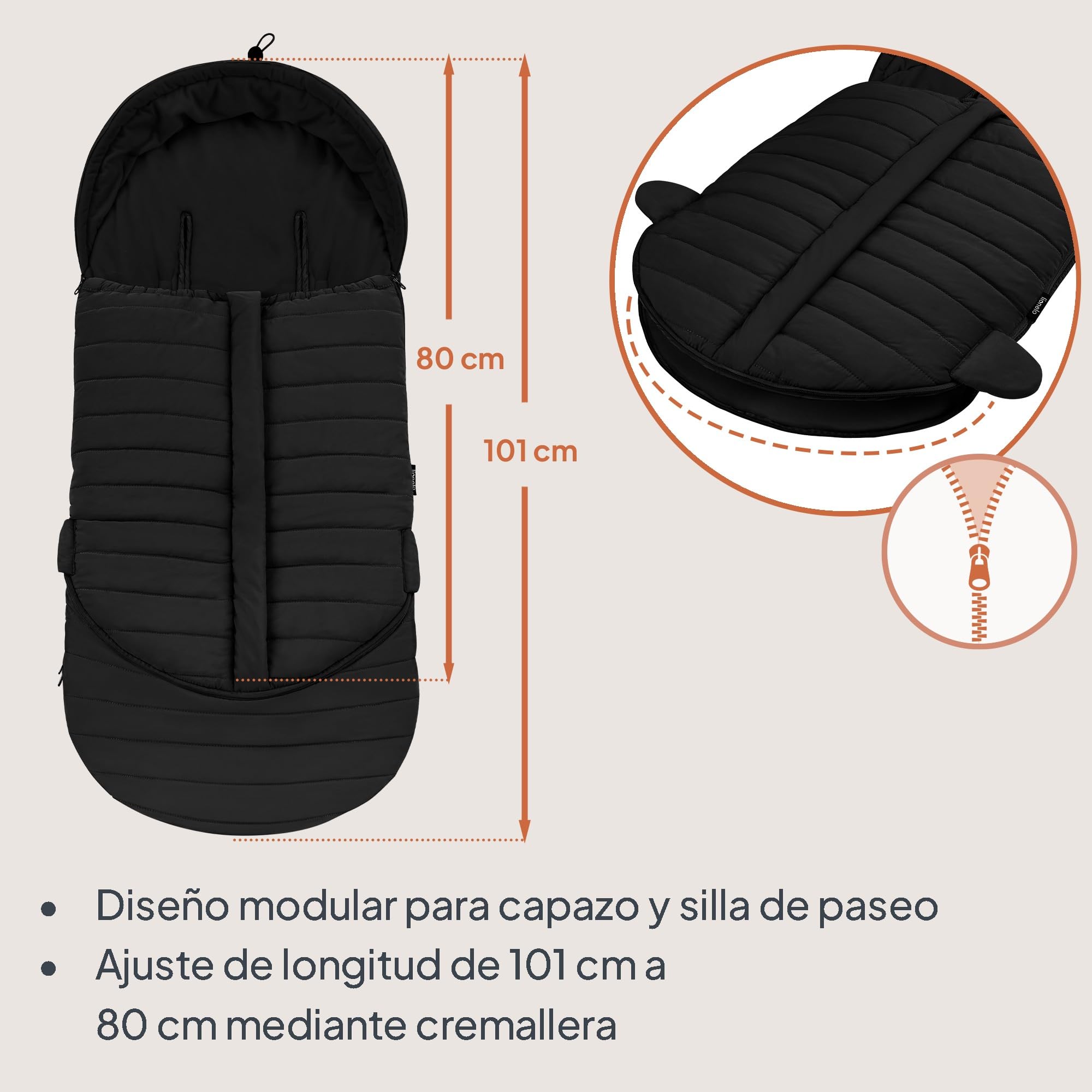 Lionelo Oli saco invierno cochecito universal 2 en 1 para capazo y silla de paseo, saco térmico bebé impermeable, compatible con arnés de 5 puntos, protección térmica para frío intenso