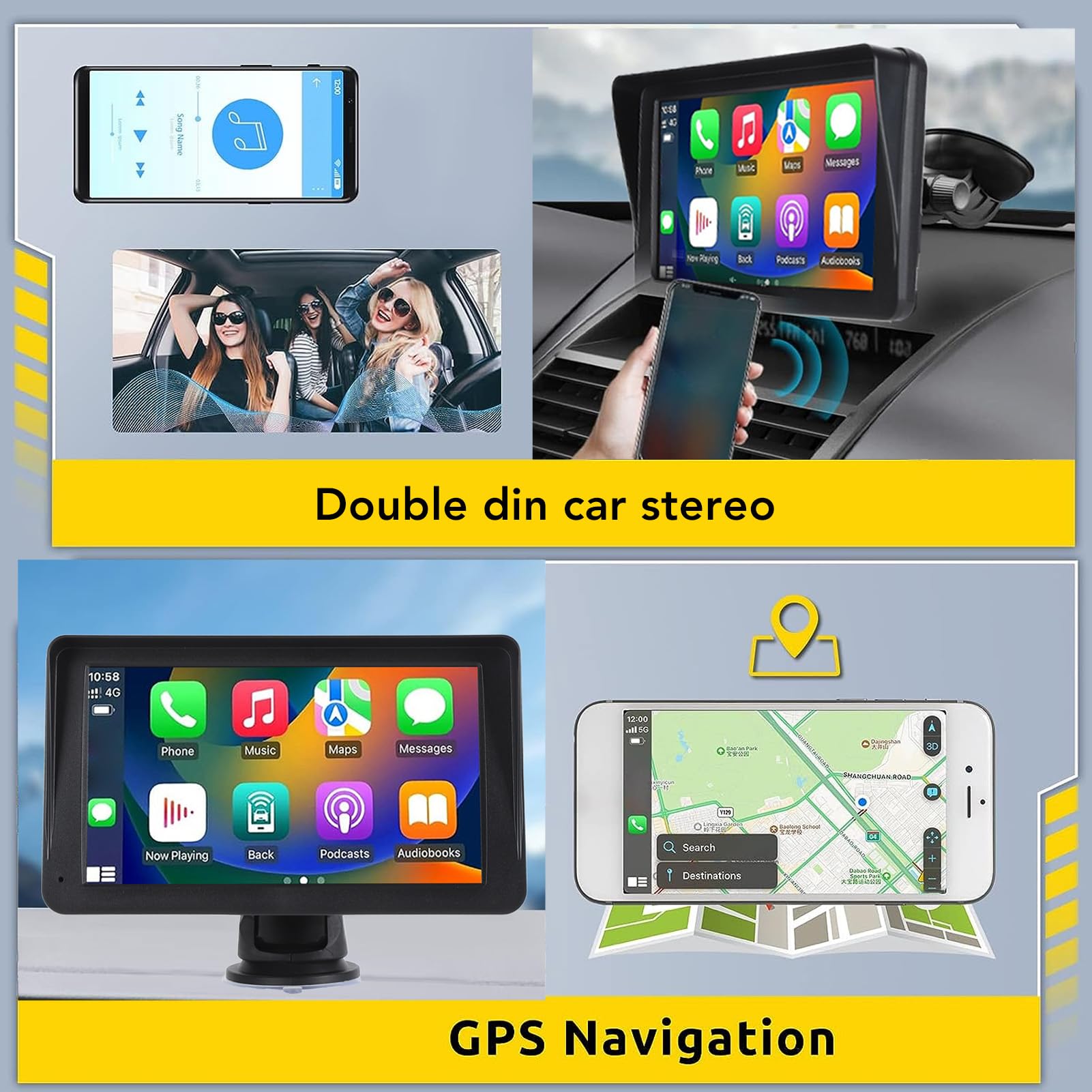 Przenośne Samochodowe Stereo, 7-calowy Bezprzewodowy Ekran Dotykowy HD CarPlay Android Auto Dwudinowe Radio Samochodowe z BT5.0, kamerą Cofania, GPS, Mirror Link, Głosem, FM