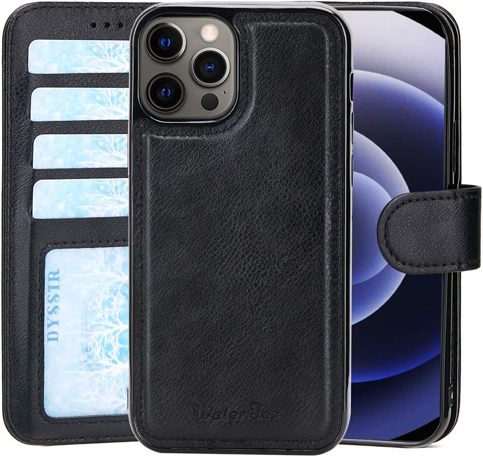 WaterFox 2-in-1 Wallet-Case for iPhone 12, Magnetic Detachable Shock-Proof TPU Slim-Case, RFID Protection, 2-Way Stand, Luxury Vegan Leather - Black