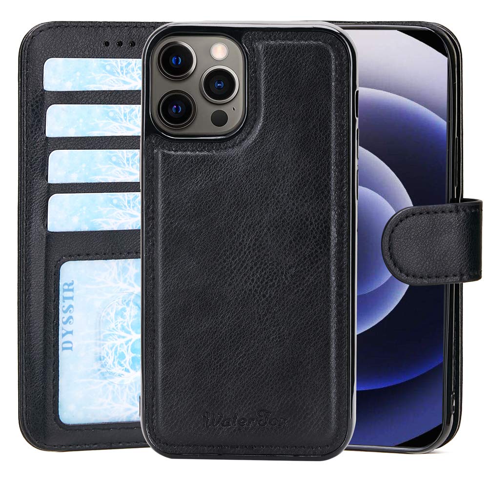 WaterFox 2-in-1 Wallet-Case for iPhone 12, Magnetic Detachable Shock-Proof TPU Slim-Case, RFID Protection, 2-Way Stand, Luxury Vegan Leather - Black