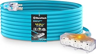 DURATECH 25FT Outdoor Extension Cord, 3-Prong Lighted End, 14Gauge/3C SJTW, Heavy Duty Extension Cable for Indoor/Outdoor Use, 15A, 125V, 1875W, ETL Listed, for Garage, Lawn, Garden, Blue
