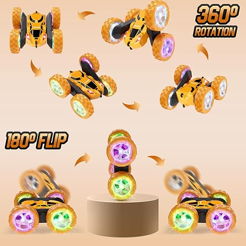 Vista 122 de Auto de control remoto para niños, auto de acrobacias RC giratorio de 360°, vehículo eléctrico 4WD de doble cara con luces LED, autos de juguete