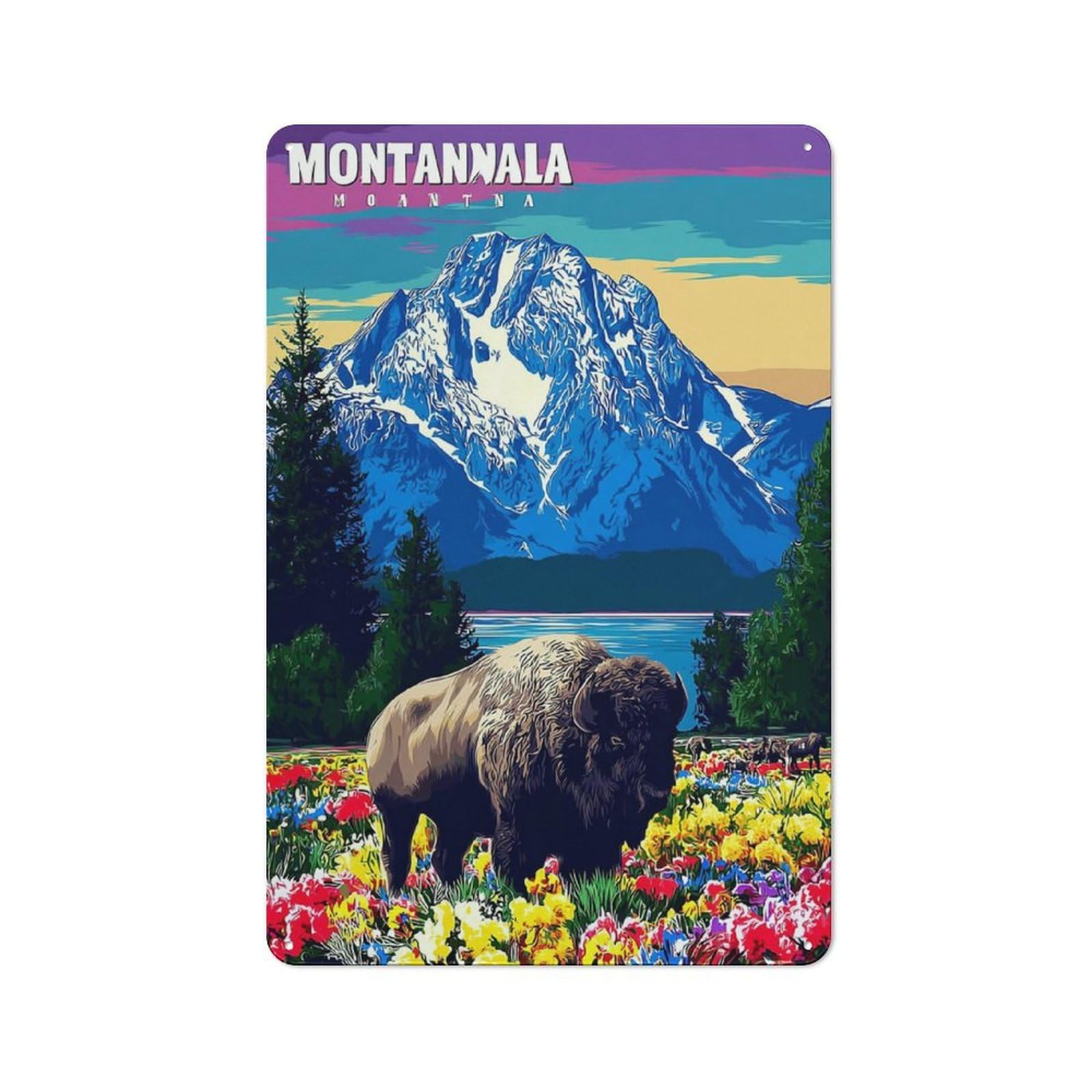Junmoney Montana Wildflowers And Bison Vintage Metal Sign With Design 30X20cm, Vintage Bar Wall Plaque For Cafe, Pub, Workshop Or Home Bar