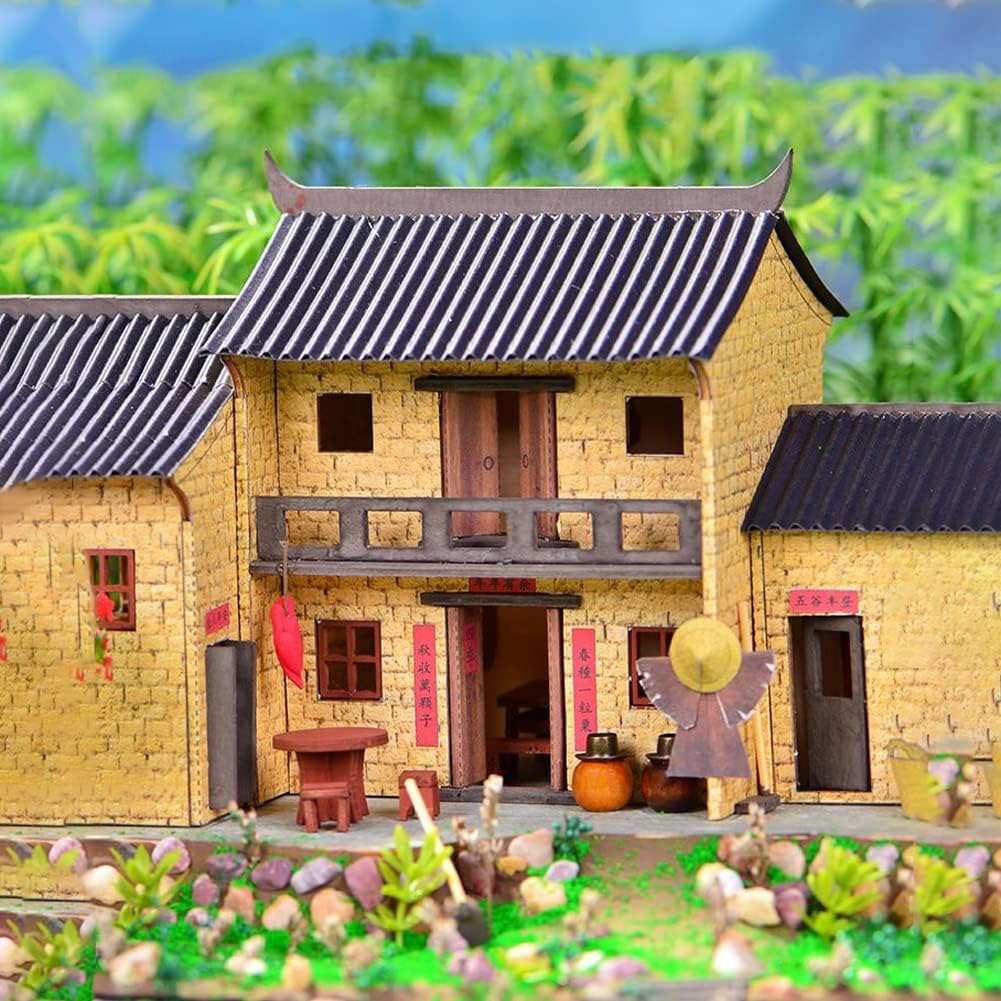 DIY Miniature Dollhouse Kit,3D Chinese Style Ancient Building Courtyard Model,Handmade Wooden Mini House Building Toys Creative Birthday Gift (Mountain House)