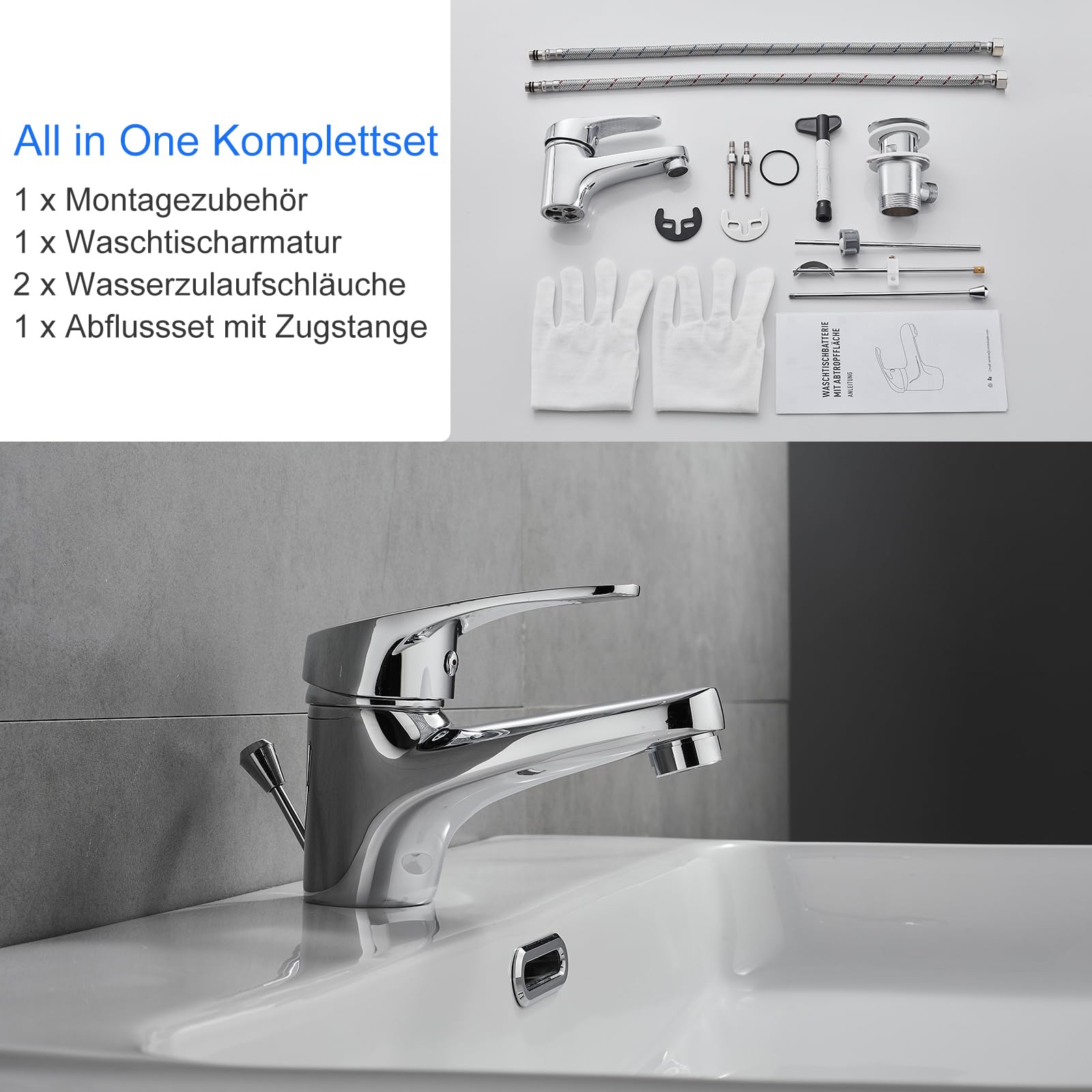 Wasserhahn Bad, Waschtischarmatur Einhebelmischer, Mischbatterie mit Zugstange Keine Schmutzigen Hände Niedriger Auslauf Badarmatur für Badezimmer, Armatur Waschbecken mit Ablaufgarnitur Chrom