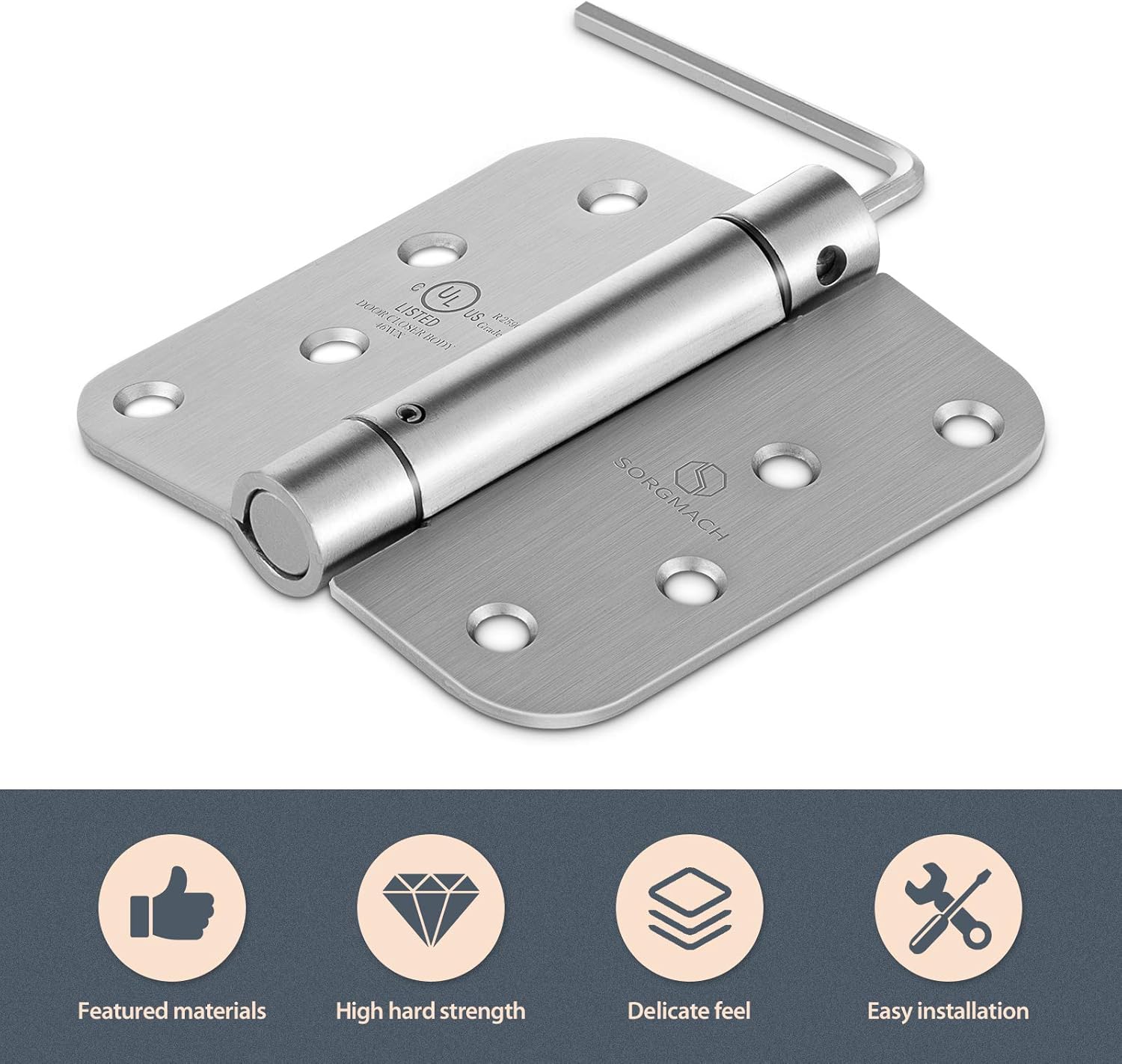 Self Closing Door Hinges 4 inch Satin Nickel Auto Close Hinge Adjustable 4" x 4" Spring Hinges 5/8" Radius Corner Commercial Door Closer Hinge UL Listed, 6 Pieces