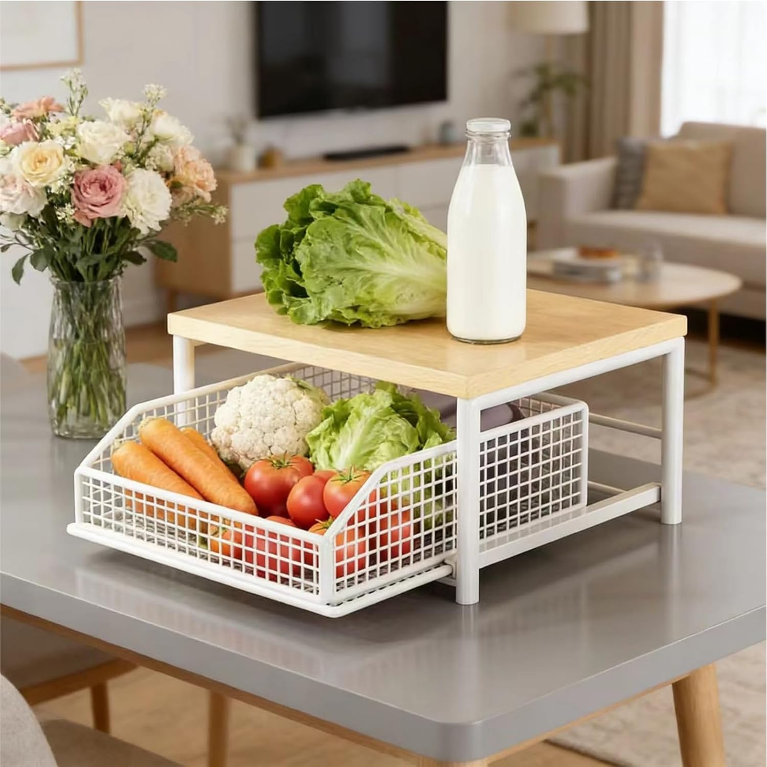 Kitchen Countertop Organizer with Drawer & Wire Basket - Sturdy Hardwood Shelf, Space-Saving for Coffee Maker, Seasoning bottle, Kitchenware (A#1PC)