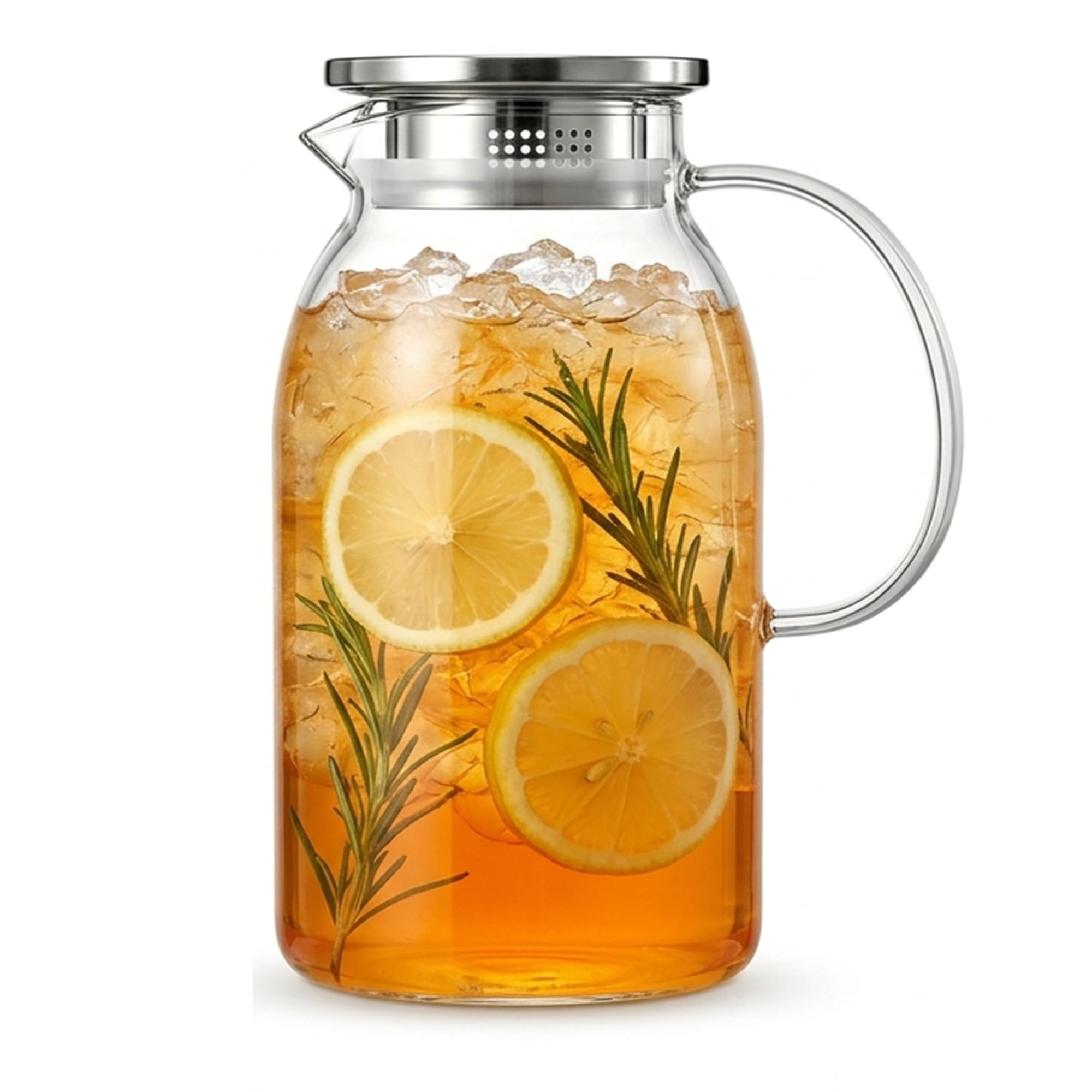 Glass Water Jug with Stainless Steel Lid, 1.8 Litre Borosilicate Glass Pitcher for Fridge Door, Hot & Cold Beverage Carafe with Handle, Clear Transparent Juice Dispenser, Microwave & Freezer Safe