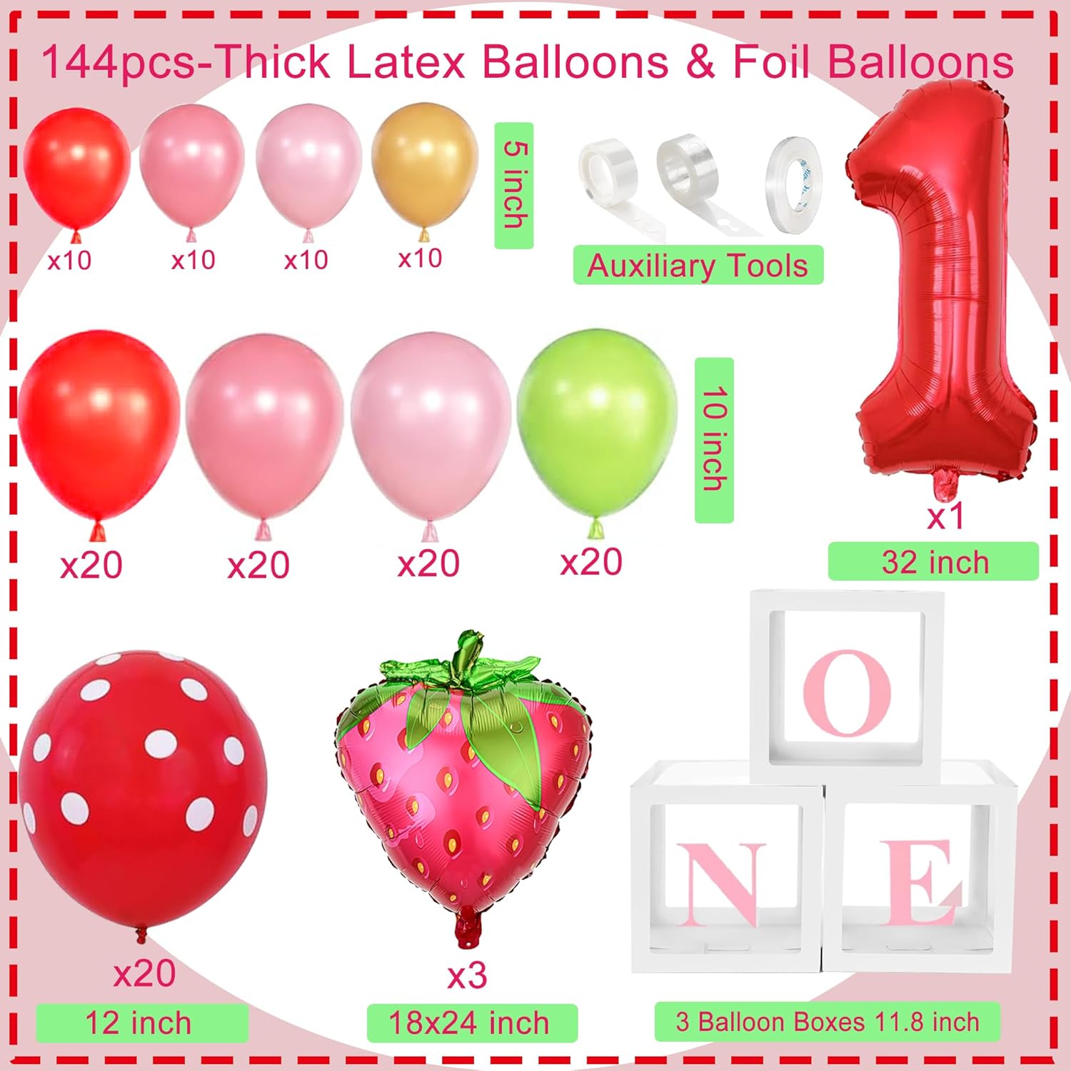 Strawberry 1st Birthday Decorations for Girls - Berry First Birthday Decor - Berry Sweet One Themed Party Supplies Kit with Balloon Arch, Highchair Banner, Backdrop, Cake Topper & Crown