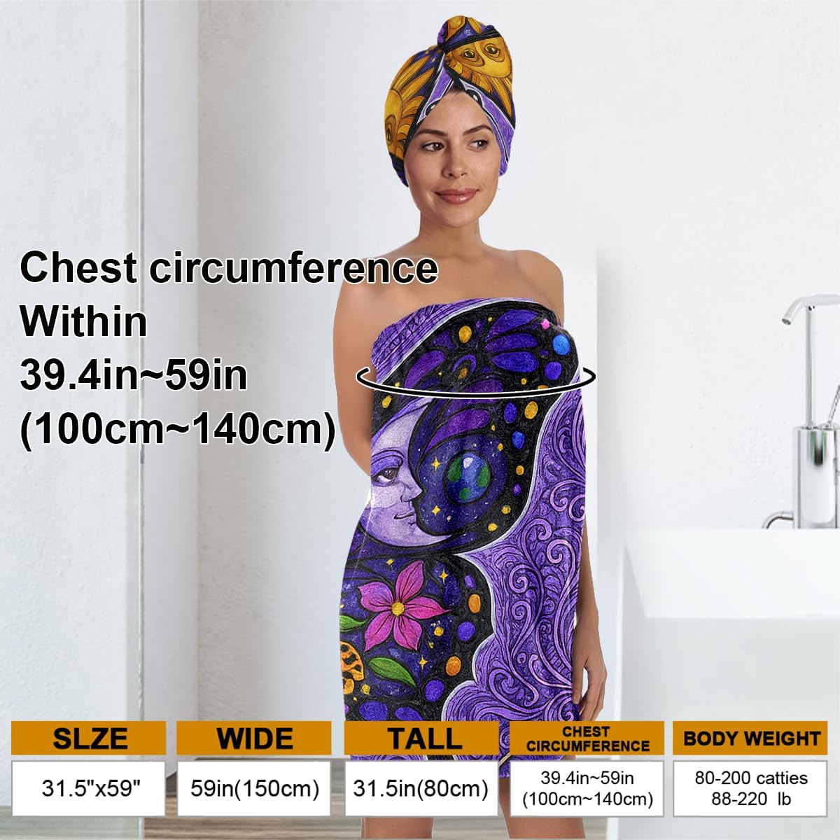 Women's Boho Butterfly Towel Wrap and Hair Drying Cap Set – Celestial Moon Sun Print Spa Wrap – Quick Dry Microfiber Bath Wrap for Dorm, Gift, Witchy Girls (Butterfly)